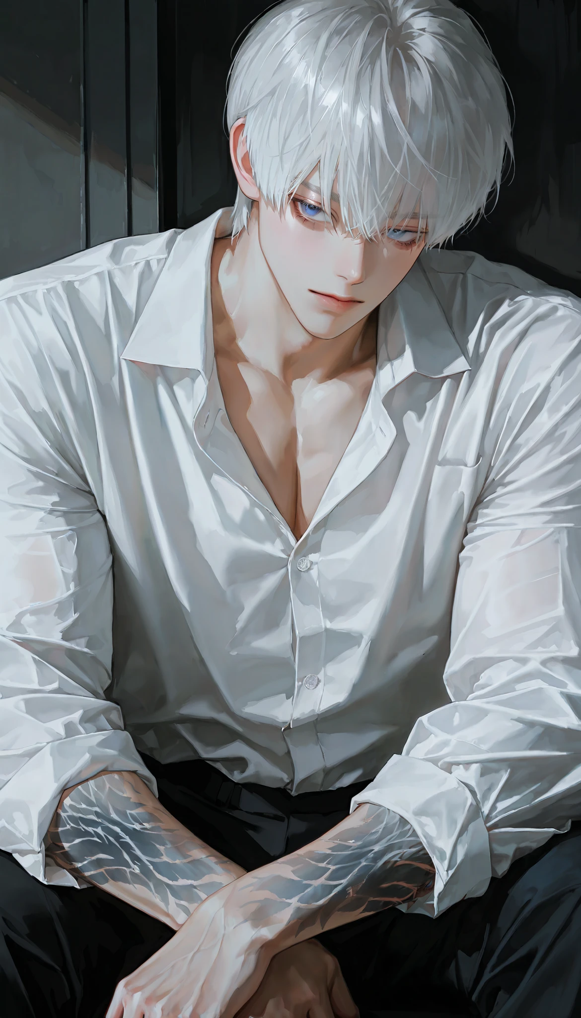 middle-aged male, handsome, white hair, 1 man, solo, alone, dark circles under the eyes , wolf hair cut, male-centered, handsome man, Thick painted , Korean manhwa Style , semi-realistic art , semi-realistic art style, Expressive Brushwork, vibrant brushstrokes, Impressionist painting , Realistic Skin, realistic hair , realistic details , photorealistic, high detail, muscular, near, (loose white shirt), office, dark , heavy body, alone, alone, Front view, blue eyes