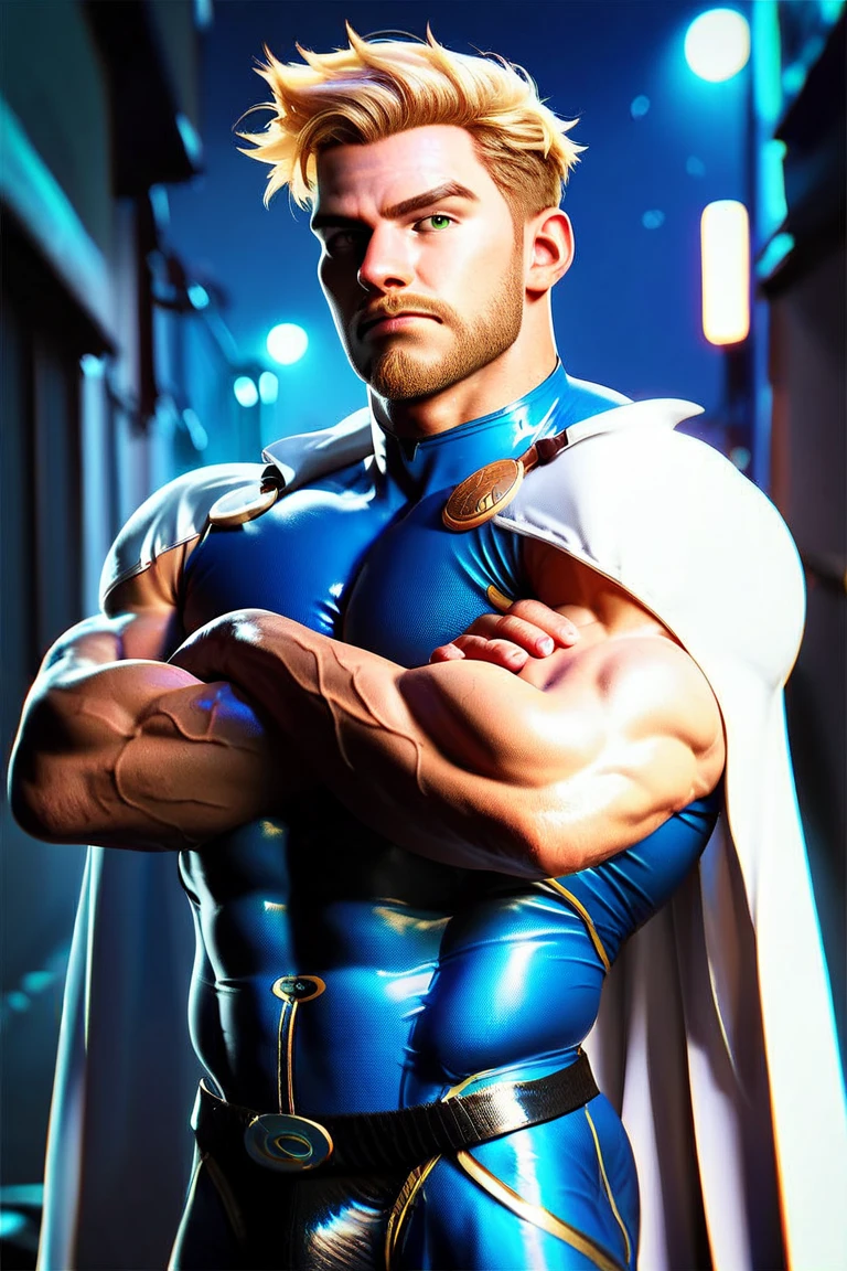 A naked muscular superhero with massive muscles wearing a metallic jockstrap, boots and a cape in blue and gold, looking handsome and beautiful, seen from just below.