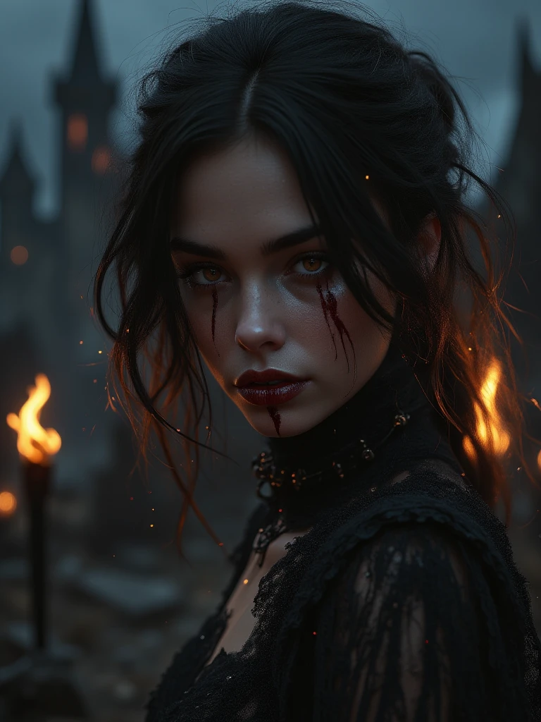 full body, (walking:1.1), (slow motion:1.2), assassin wearing black cloth made of liquid paint, wet dripping mascara, raining, wet, red cloak, (insanely detailed:1.5), ((analog)), (highest quality, Alessandro Casagrande, Greg Rutkowski, Sally Mann, concept art, 4k), (colourful), (high sharpness), ((detailed pupils)), red eyes, ((painting:1.1)), (digital painting:1.1), detailed face and eyes,Masterpiece, best quality, highly detailed photo:1, 8k, detailed face,photorealistic, (silver Hair,ponytail hair cut, ecstatic:1.1),(older woman:1.3),By jeremy mann, by sandra chevrier, by maciej kuciara,((samurai)), sharp, ((perfect body)), realistic, real shadow, 3d, ((crop top)), ((full body)), ((forest background)), (by Michelangelo)