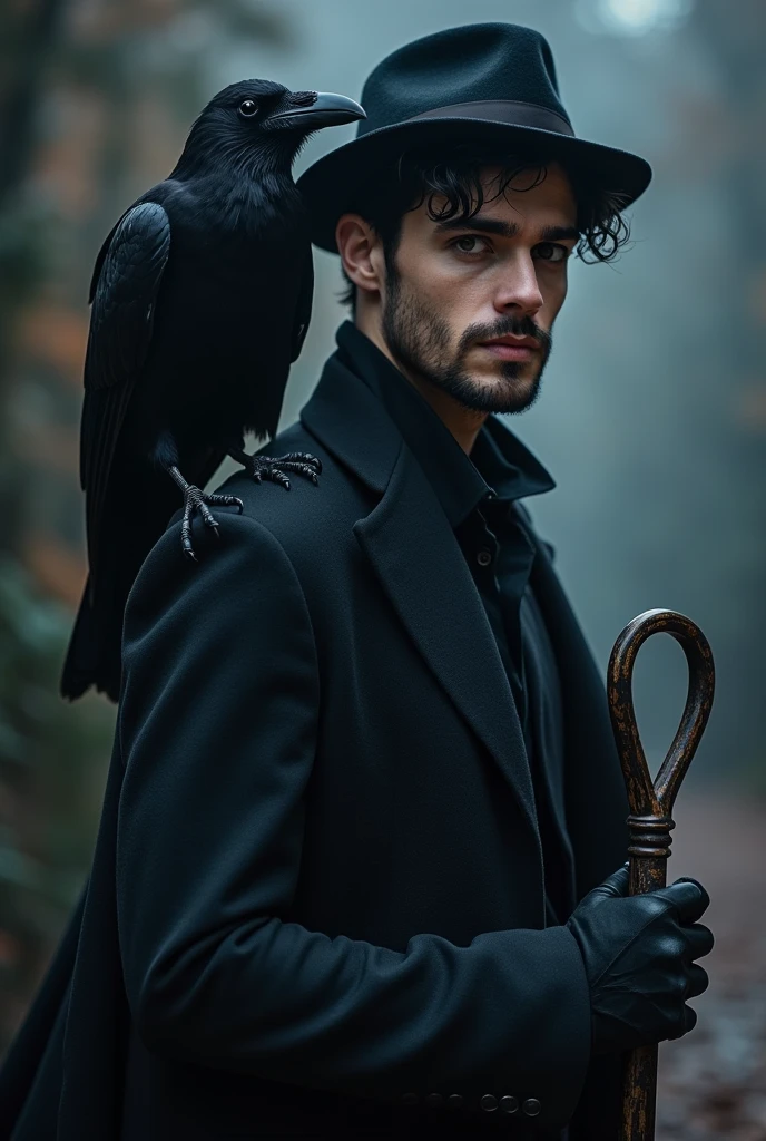 realistic, masterpiece, best quality, cinematic lighting, natural shadow, highest detail, professional photography, detailed background, depth of field, insane details, intricate, aesthetic, detailed face, subsurface scattering, realistic hair, realistic eyes, muscular, masculine, large pectorals, (shiny skin:1), (sweat:0.5), photo of a handsome man, crowmancer, crow, bird, gothic wizard robe, gloves,