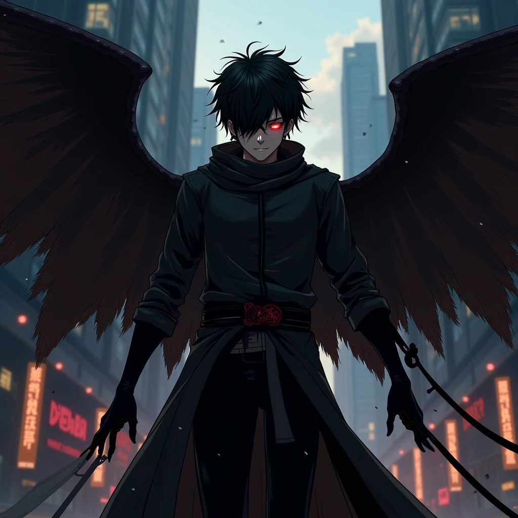 ultra quality, 4K, anime illustration, male body, 15 year old boy, black clothes with red lines,black hair, scarlet eyes full of hate, dark aura, Very Detail, full moon night, empty city, gazing at viewer, floating eyes with wings of blood.