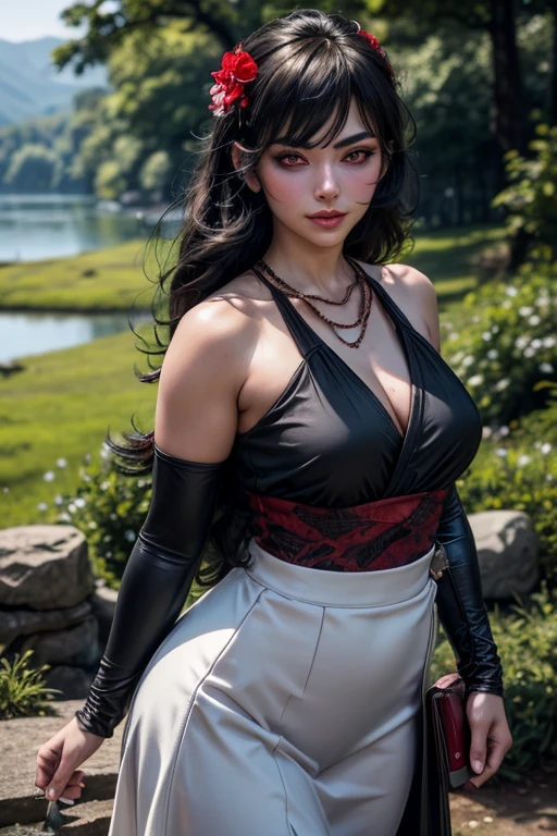 (Masterpiece, Best Quality, High Quality:1.3), (professional artwork:1.1), 3D, Intricate Details, field of view, sharp focus, masterpiece, blender, photorealistic lighting, trending on pixiv, photorealistic 3d art, vivid lighting, vibrant colors
LuluFFX, mature female, (eyebrows behind hair, hair over one eye, covered eye:1.1), (fantasy forest background:1.1) sunny background,
full body shot, standing, hands on waist,
thick hair, black hair, hair stick, hair bun, ultra detail texture, ultra detail hair, ultra detail face, perfect eyes, perfect face
(brown iris:1:1), Looking at Viewer, (smirking:1.1),
dark dress, intricate dress, strapless, bare shoulders, (fur trim:1.1),
Large Breasts, Cleavage, big ass, <lora:LuluFFX_AnimeV2:0.8>