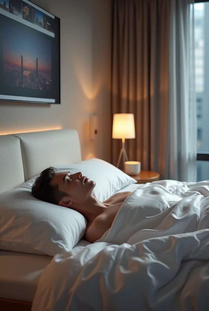 Picture a tranquil night setting: a man, dressed in comfortable pajamas, reclining on his bed in a darkened room. The only source of illumination is the soft, silver glow of the moonlight streaming in through an open window, casting gentle shadows across the room. As he nestles into his bed, he feels the fabric of his clothes against his skin, providing a sense of warmth and comfort. Describe the serene atmosphere enveloping him as he surrenders to the tranquility of the night, finding solace and peace in the simple act of lying down to rest."