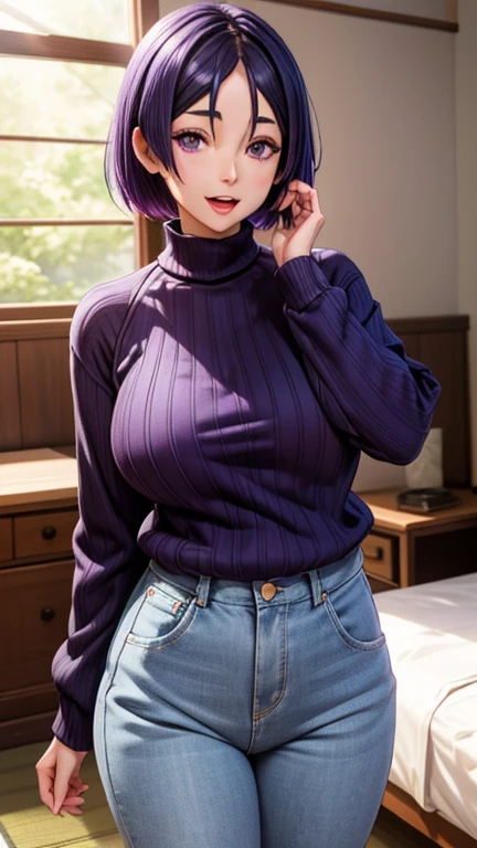 1 babe, purple hair, pink sweater, parted lips, large breasts