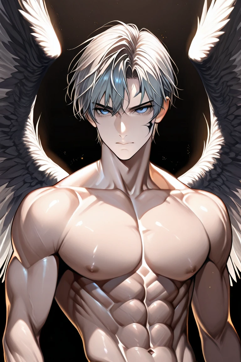 male、White Hair、Short Hair、Red Eye、Cold-blooded man、Handsome、Cold Face、Well-formed face、Well-built、Upper body naked、Physical Beauty、Tightened、Underwear with less fabric area、pants、pants1枚、pubic hair、Crotch hair(just a little)、Not hidden、Black underwear、Sexy、Same as hair color、白いpubic hair、Just a little、