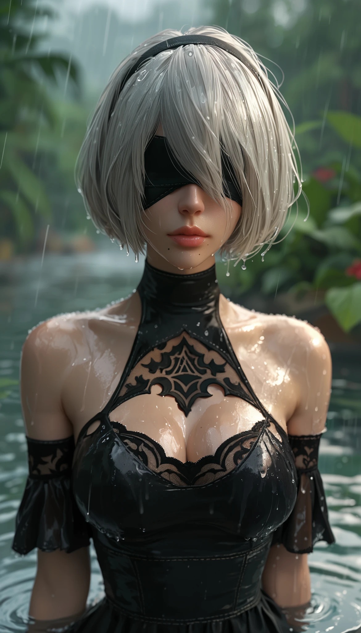realisticlying，1girll，White hair，Slightly open lips，Tongue Stud，black lence stockings，Be red in the face，the night，fresh flowers，suns，soaking wet，did not wear underwear