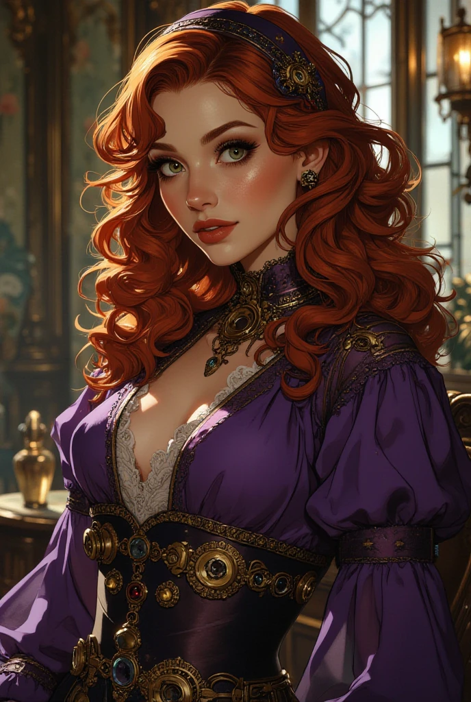 pintura de uma jovem mulher com cabelo vermelho e um estrangulamento em um vestido preto, Estilo de arte de John Collier, Donzela com cabelo de cobre, estilo de karol bak, uma jovem ruiva, Retrato de uma jovem bruxa, No estilo de arte de Bowater, Directed by: Robert Lenkiewicz, Geraldo Brom, Alberto Lynch, portrait of princess merida, Dave Sim, Red-haired girl in a shadowy palace, vestido preto e roxo de veludo usando um kokoshnic, vestido luxuoso preto, head adornment, gargantilha de renda preta, adornments on the neck, jewelries, Kokoshnic head adornment, rosto redondo, Beautiful young people perfect features, rosto bonito, adornos no cabelo
 sultry look, seductive,
