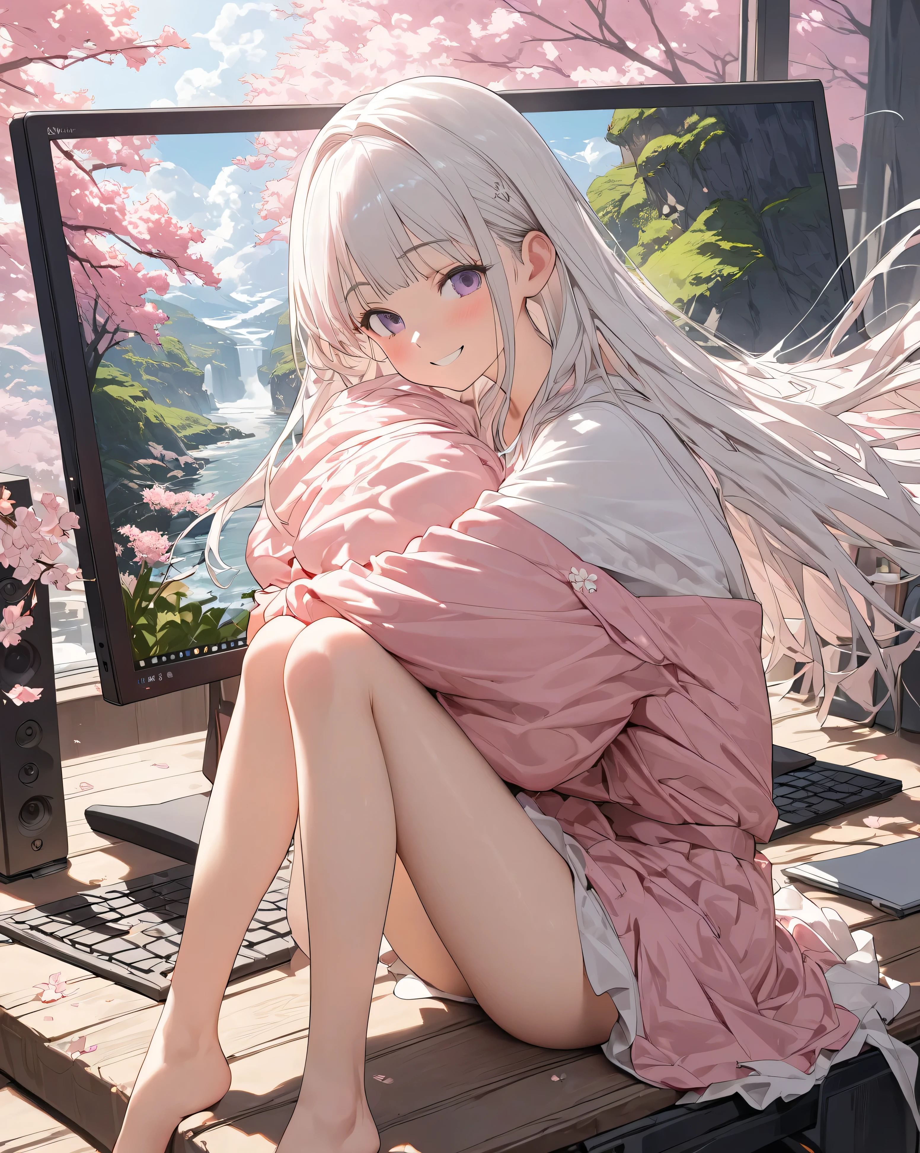 masterpiece, anatomically correct, accurate, 多数の賞を受賞, highest quality, Details, High details, ((Little sister shown on PC monitor:1.3))、pink clothes、Picture of the monitor、(masterpiece, top quality, very beautiful, full body、complicated、4K、 illustration ), (),(cowboy shooting),(cherry blossoms),(hair that flutters in the wind)、(Smile lightly),(cute)、( attractive)、(Ethereal and beautiful),(head tilt),( slim),Fine Details, 1 Female,alone,( radiant and gentle woman)、(beautiful woman)、long white hair 、high resolution, quality, very detailed, Ultra-fine, textured skin,  , high image quality model, 