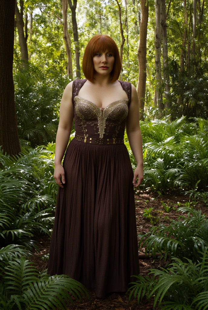 Bryce Dallas Howard,in a forest, looking at the camera,costume with big breasts, wide legs, a thin waist , wearing a cowgirl costume 