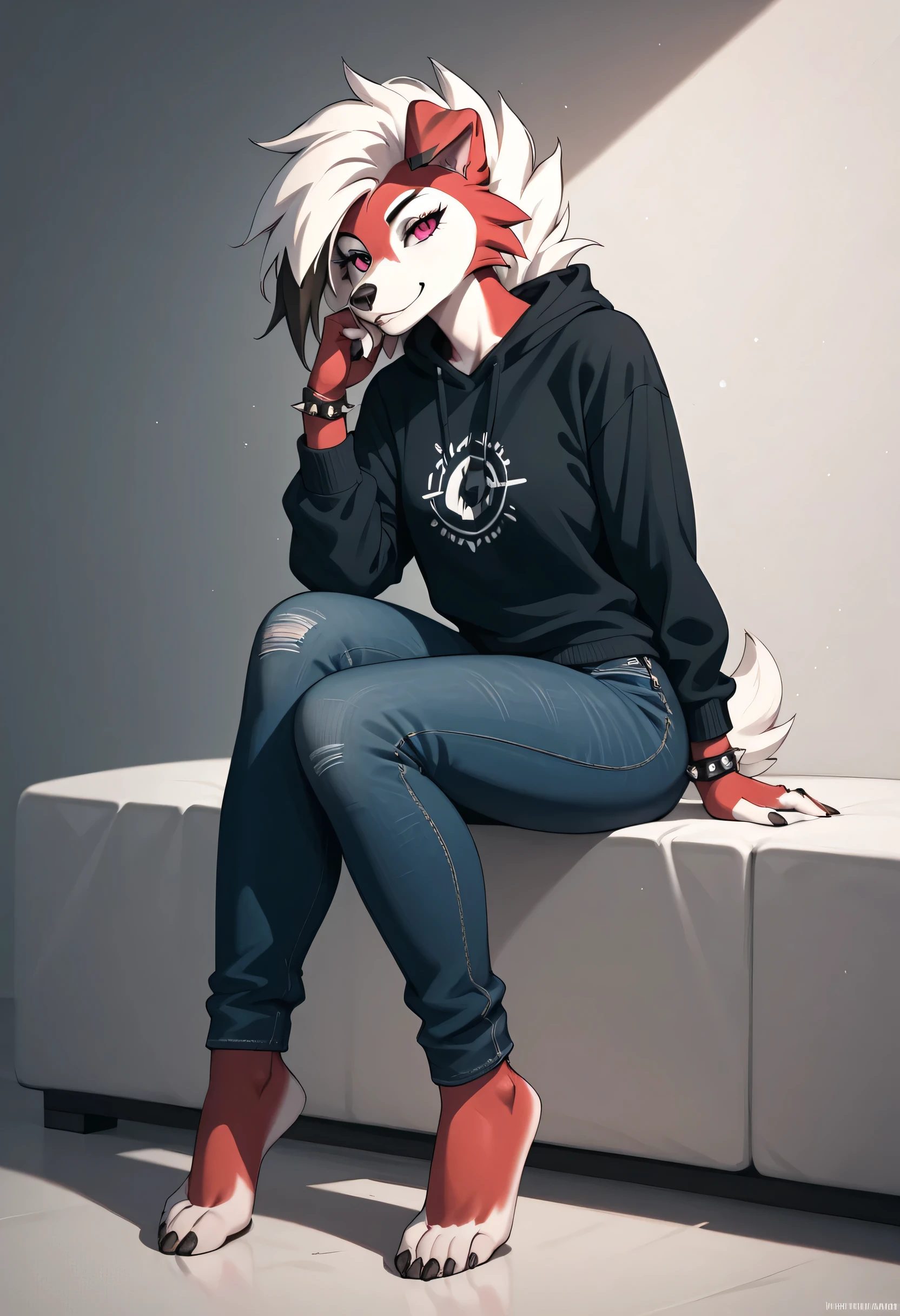  Lycanroc anthropomorphic nocturnal girl,   with hourglass figure, Exhausting,  black long sleeve sweatshirt without fastener ,  knee-length black jeans,   black eye shadow  , rings in one ear ,  and a bracelet with spikes on the wrists , barefoot,  full body 