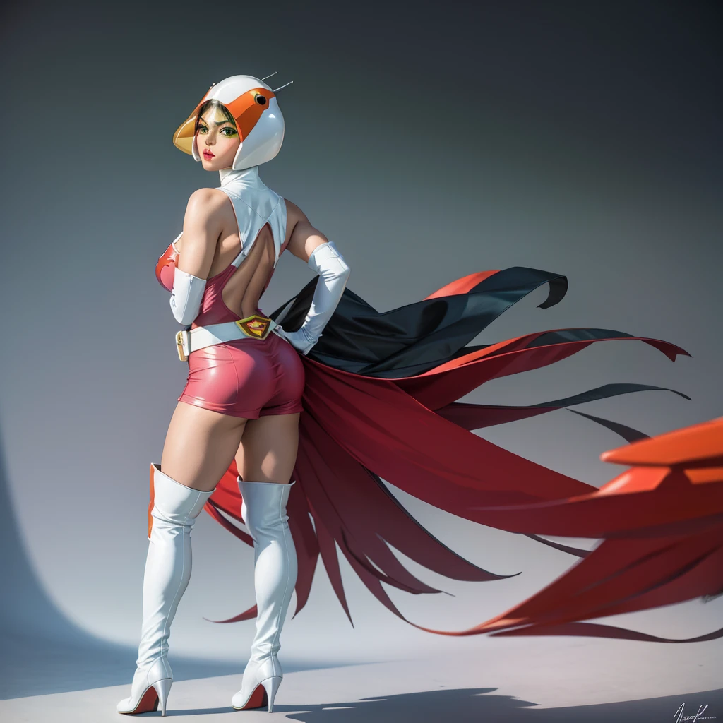 3dmm style, (masterpiece, best quality), intricate details, 1girl, solo, bea\(pokemon\), bow hair band, printed shirt, tied shirt, black bodysuit, bodysuit under clothes, single glove, print shorts, knee pads, barefoot, cowboy shot, looking to the side from back, arms crossed, red clothing, white hair, mysterious look, wide shot, long shot, wearing high heels on feet, arms and feathers outstretched, heroic pose