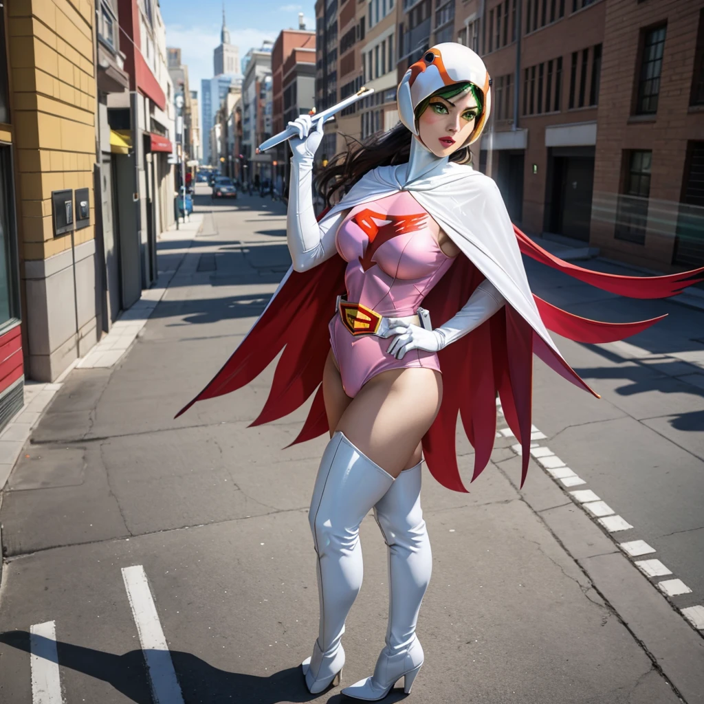 a girl in a gatchaman outfit, white long gloves, white long boots, beautiful detailed eyes, beautiful detailed lips, extremely detailed eyes and face, long eyelashes, thick vertical striped pants, shopping in a busy street, medium: illustration, (best quality, 4k, 8k, highres, masterpiece:1.2), ultra-detailed, (realistic, photorealistic, photo-realistic:1.37), vibrant colors, dramatic lighting, cinematic composition, Hi3JTS, giga_busty,breasts