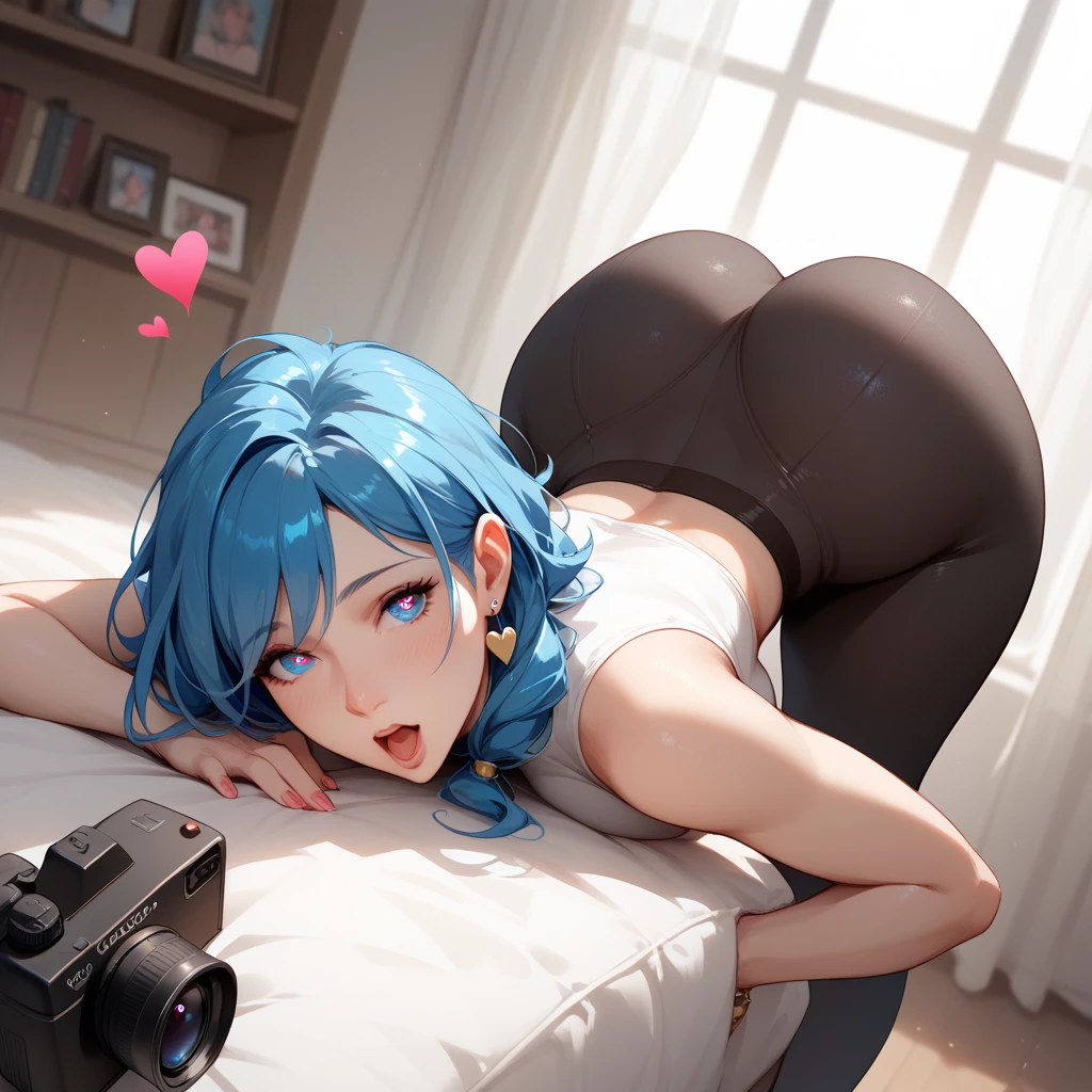 anime girl with blue hair sitting on a bed with a remote control, seductive anime girl, popular on pixiv, beautiful anime girl squatting, sexy pose, anime girl, relaxed pose, extremely detailed artgerm, on my bed, top rated on pixiv, sitting in her room, anime cover, anime girls, pixiv 3dcg, an anime girl