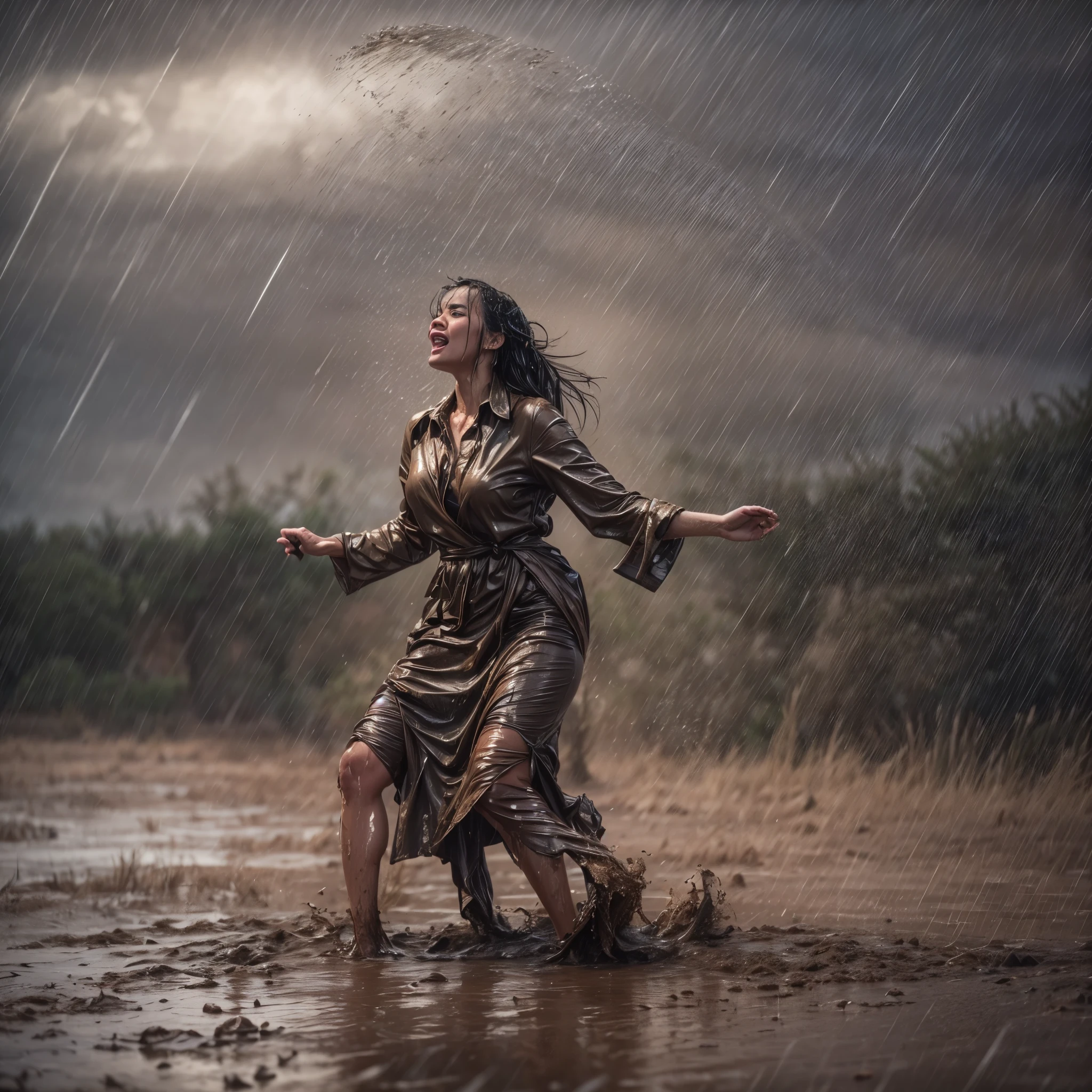 ((best quality)), ((masterpiece)), (detailed), women performing rain dance, desert, muddy ground, stormy skies, heavy downpour, falling rain, rain drops, celebration dance, wet clothes, wet bodies, wet hair, dramatic lighting, winds, rain, mud, splash mud drops