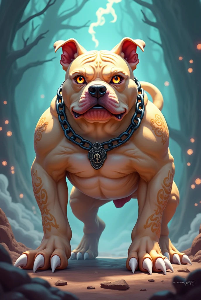 Generate a logo for a breeder of chocolate-colored exotic American Bullys that is muscular, extra muscular, the dog has a big head and short, cropped ears, that has gold chains, that has gold things, that is eye-catching, the name is 7K Bulls. Add the name of the breeder to that dog that you generated.