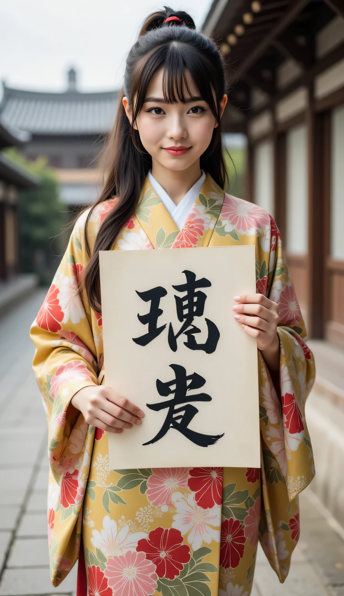 **Prompt:** during ancient time, Create a hyper-realistic wide scenery image of a prehistoric japanese female standing confidently at the forefront, her full body view showcasing her elegantly curvy silhouette. She holds up a large piece of kanji wide size manuscript paper adorned with striking kanji font alphabetic japanese letters, symmetrically balanced within the composition. The female's kimono obi gown drapes gracefully, reflecting the cultural richness of ancient folk japann, complemented by her vibrant smile that radiates warmth and approachability. In the background, the majestic japanese palace looms, its architectural details accentuated by central leading lines that create a captivating sense of depth in an ultra-wide-angle perspective. The scene is enhanced with UHD ambience, featuring a blend of realistic textures and mixed lighting that adds life to the moment. Pay special attention to the female's hands, showcasing meticulously detailed anatomy while her shiny, lifelike hair cascades around her face. Capture the essence of artistry reminiscent of SilkPunkAi styles, ensuring the overall image is creatively rich yet respectfully aligns with the historical context.