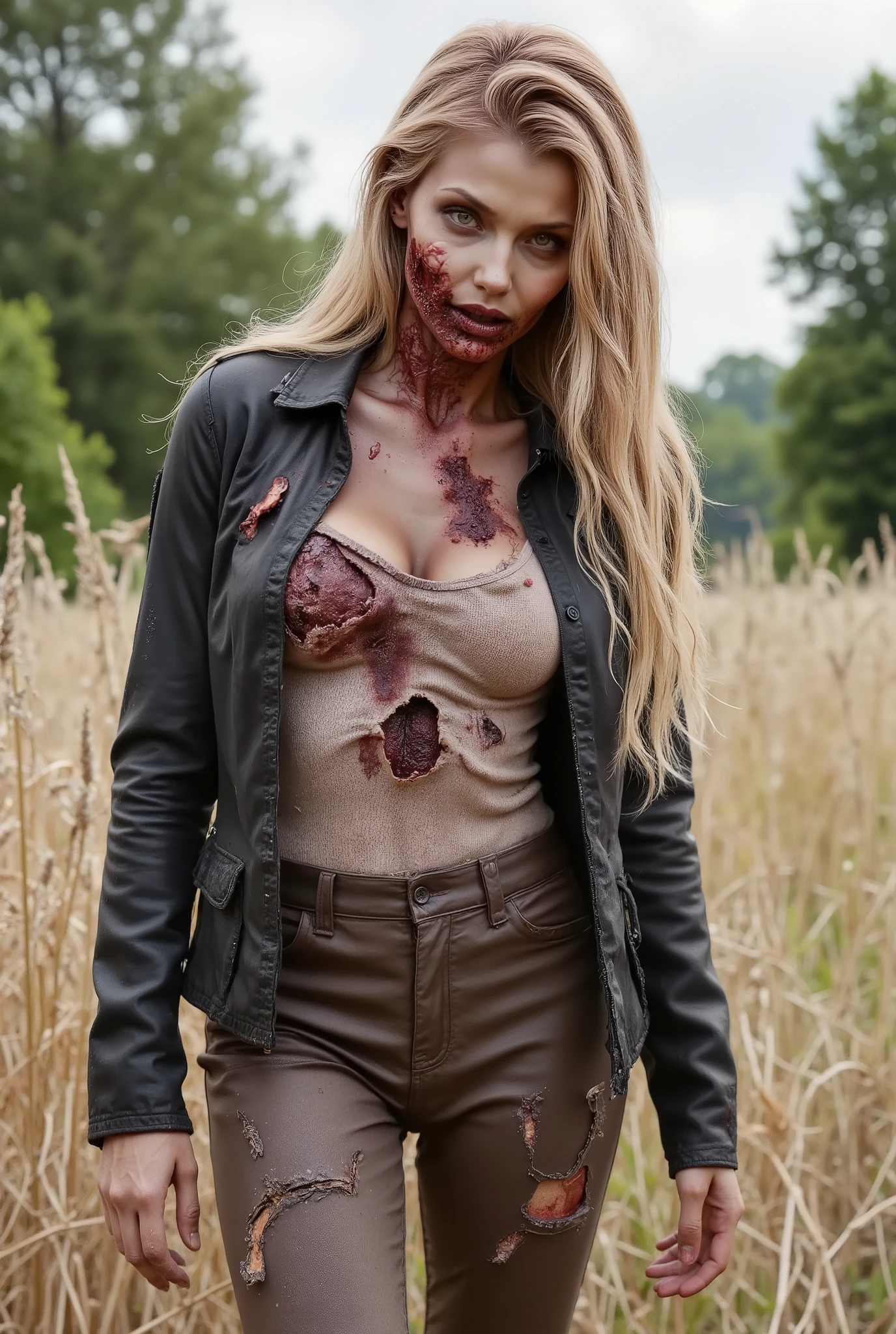 Zombie girl wearing torn leather, rotting flesh, open wounds, undead, missing jaw, blood and gore, bloody wounds, walking in a rye field