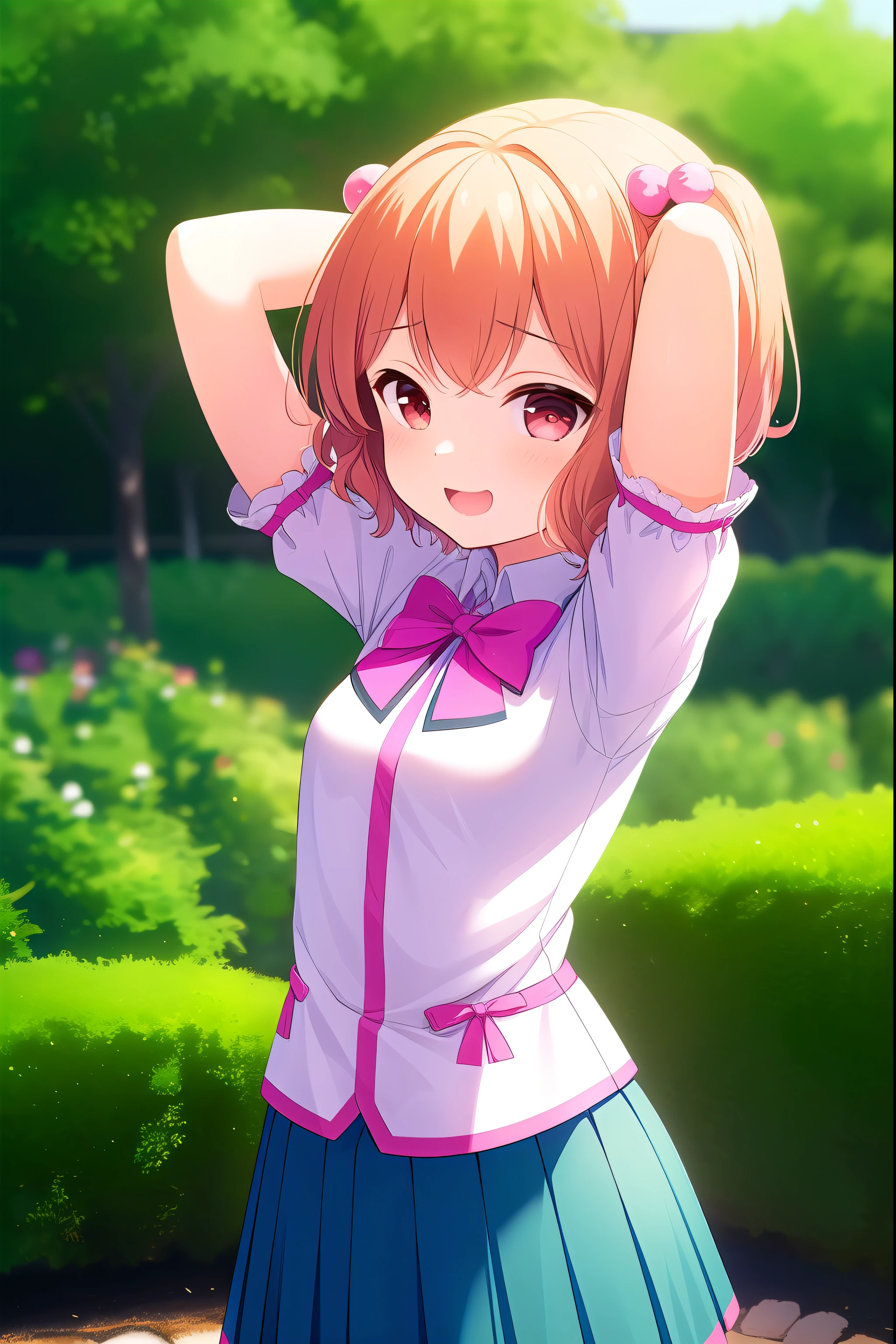 ( masterpiece, tails), 非常に詳細なbottom, perfect lighting, tails,{tomura michiru, a girl、(), ( Decapitation ),( short limbs )、((Brazilian burrs from the cave:1.4)), ( He is standing:1.3), red eyes、( laugh:1.3), { short hair、( twin pigtails)、(rose burbuja ), ( cabello naranja)}, {nursery uniform 、( very small bust :1.4), Humili skirt 、( Humili skirt リフトアップ:1.4)}}, {bottom (garden),}