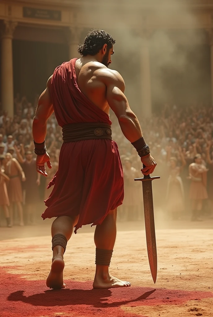 An ancient Greek athlete preparing to compete naked, their body oiled and gleaming, with spectators looking on in amazement.