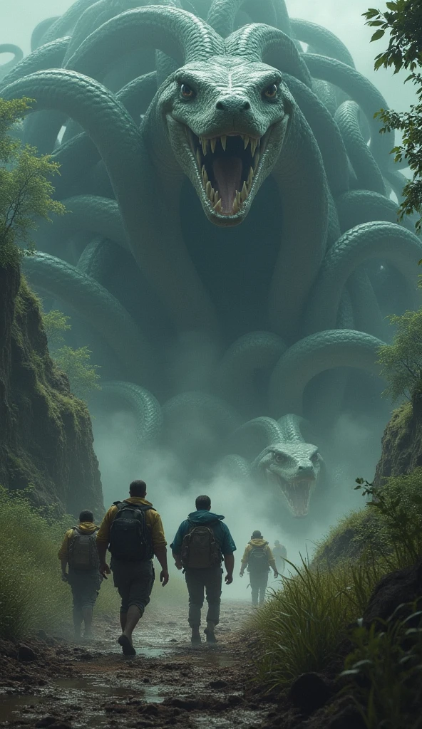 climbers in the forest and a large coiled snake