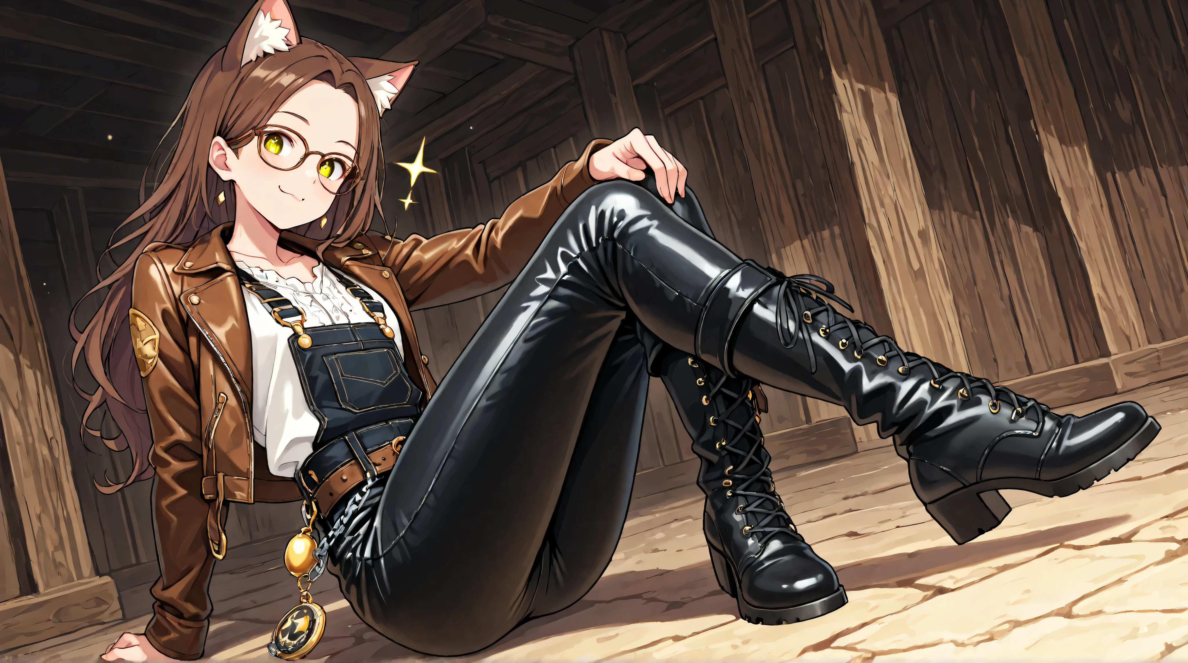 A ite anime-style girl with cat ears and a delicate Japanese facial appearance. She has large, expressive eyes that radiate warmth and curiosity. Her soft brown hair frames her face, adding to her charming and innocent look. Her feline ears twitch slightly, enhancing her playful and endearing presence. The scene captures her gentle and adorable aura in a beautifully detailed fantasy setting. A character wearing a leather-based, rocker-inspired outfit reminiscent of a classic Western fantasy adventurer. The outfit features a stylish leather jacket adorned with metallic studs, chains, and decorative buckles, paired with fitted leather pants and sturdy boots. The overall appearance combines ruggedness and elegance, evoking a rebellious yet charismatic fantasy-hero vibe. The character's pose expresses confidence, strength, and a hint of defiant charm.