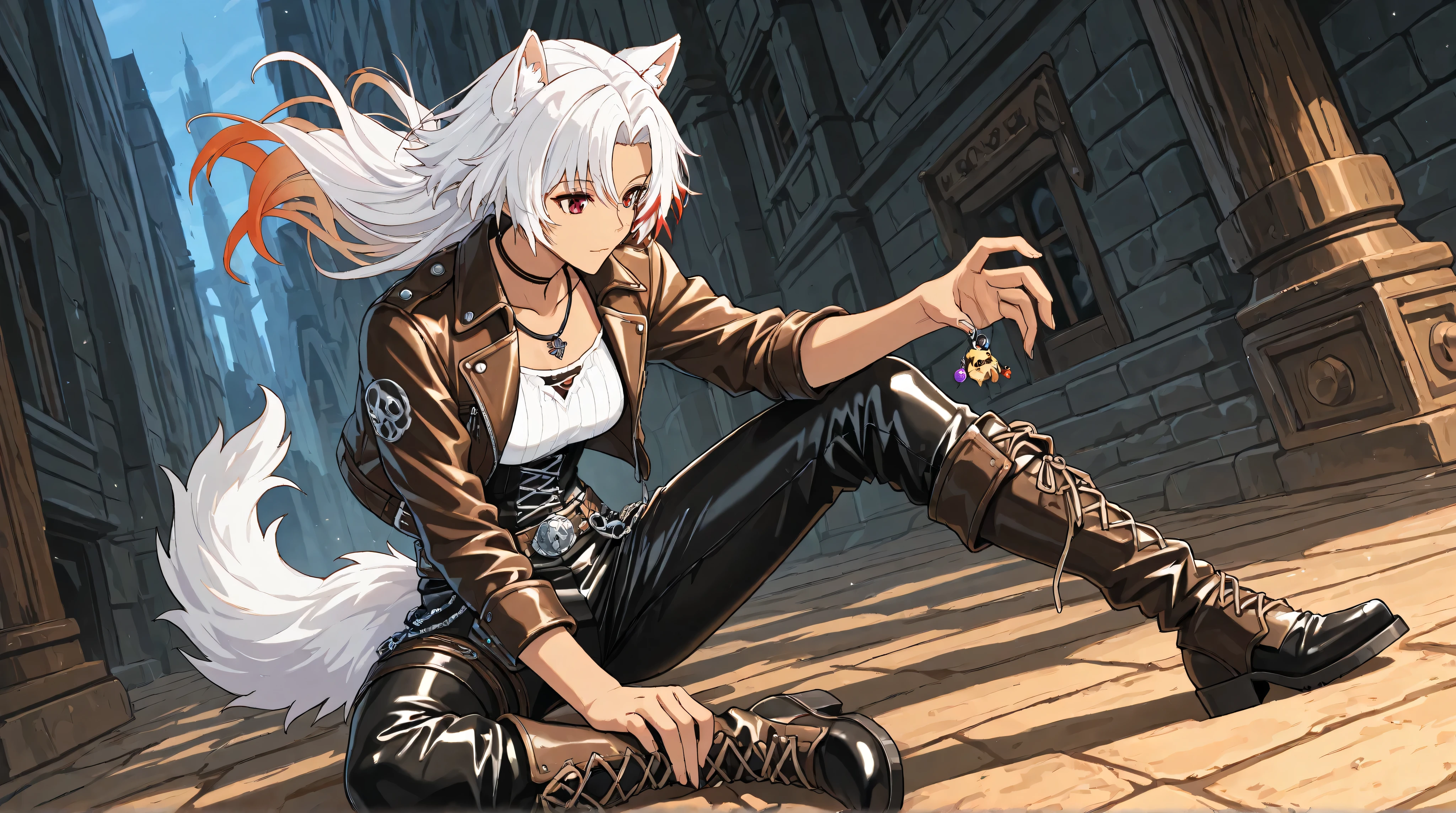 A tall anime-style girl with elegant dog ears and long, flowing white hair. Her face is slender and refined, giving her a graceful yet mysterious presence. Her canine ears twitch slightly, adding a touch of liveliness to her composed demeanor. The soft glow of light highlights her delicate features, emphasizing her quiet strength and beauty in a serene fantasy setting. A character wearing a leather-based, rocker-inspired outfit reminiscent of a classic Western fantasy adventurer. The outfit features a stylish leather jacket adorned with metallic studs, chains, and decorative buckles, paired with fitted leather pants and sturdy boots. The overall appearance combines ruggedness and elegance, evoking a rebellious yet charismatic fantasy-hero vibe. The character's pose expresses confidence, strength, and a hint of defiant charm.