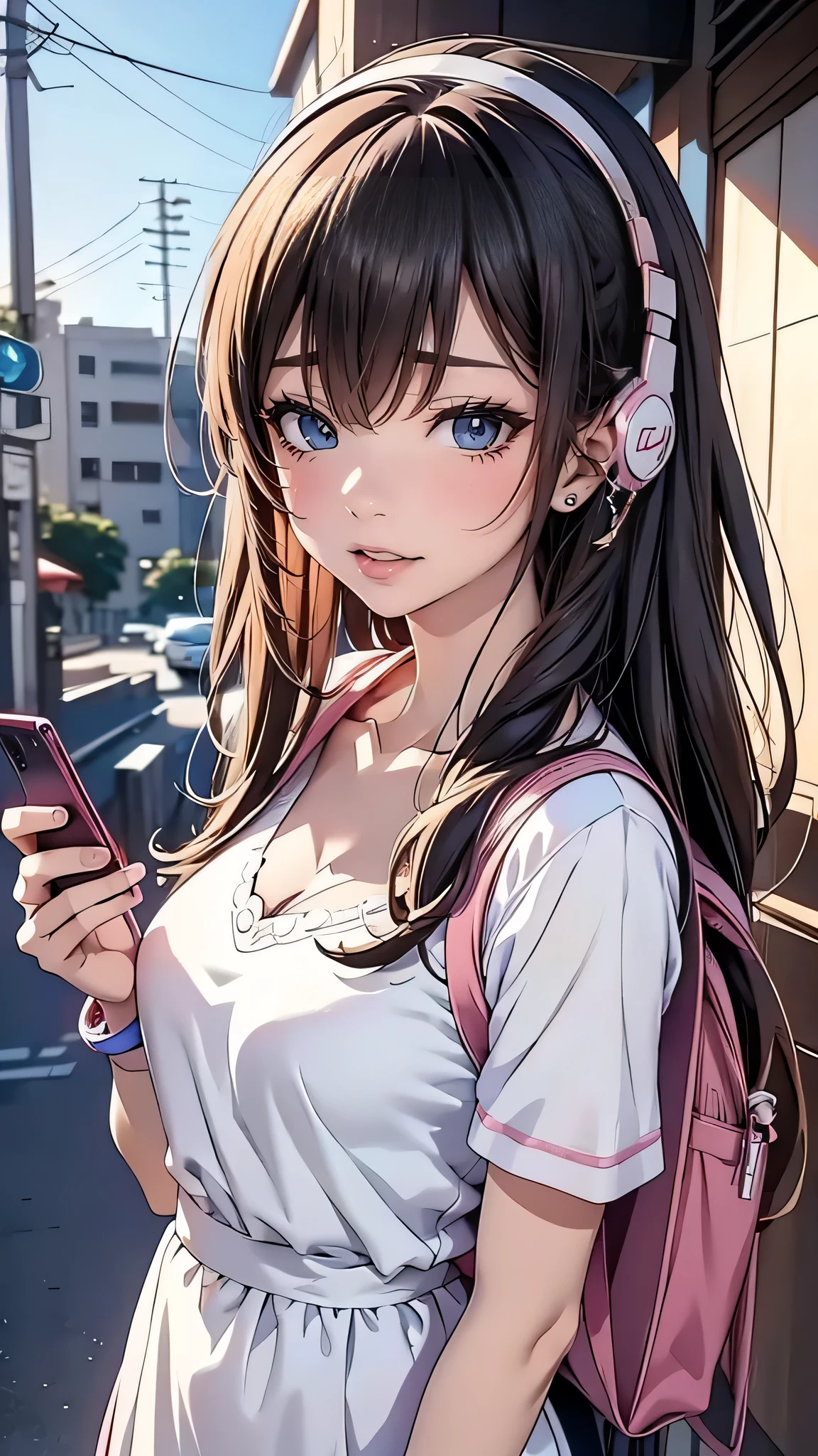 Anime girl with headphones and backpack looking at cell phone, Anime Style 4 k, (Very delicate and beautiful face), (Beautiful eyes in every detail), Digital anime art, Nightcore, Digital anime illustration, Anime Styled digital art, anime art wallpaper 4k, anime art wallpaper 4k, Anime art style, Anime digital art, Anime Style artwork, Anime Style. 8k, detailed Digital anime art
