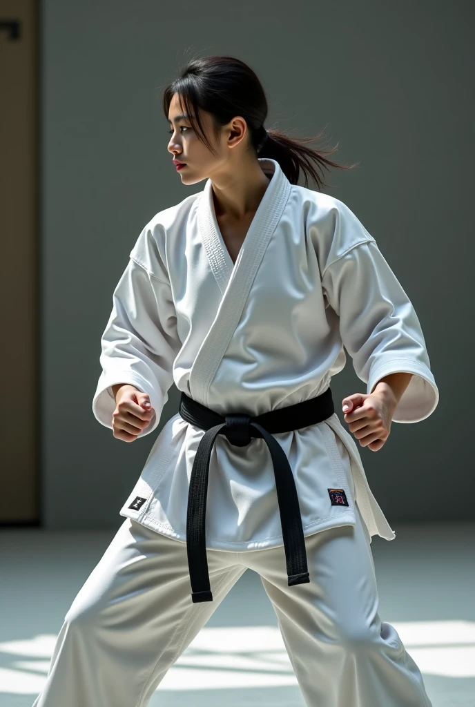 (((Carefully drawn limbs with perfect anatomy))),(((Capture the essence of the action and never miss a photo opportunity))),Beautiful Karateka Shiho,(A graceful hitting form with a low center of gravity),Japan指折りのアスリート,Fluid and powerful core,(((He is wearing a white long-sleeved, long-hemmed karate uniform and proudly wears a well-worn black belt.))),Deep concentration,Master martial arts,Japan,Extreme vacuum hand,accurate kicks and blows,Sweat splashes,strength and discipline,defender of peace and justice,sharp reflexes,controlled breathing,Dojo training,Mental and physical balance,harmony of mind and body,Aiming for perfection,strategic combat,dynamic fighting techniques,Strong stance,rippling muscles,energetic punches and kicks,Focused gaze,Resolute expression,zen-like concentration,Splitting a wooden board elegantly with skill and speed,A well thought out training session,Strict discipline,competitive tournament,White-on-white color scheme,Master karate,Karate as a way of life,Intense exercise,burst of energy,Mindful Use,Travel,Fierce determination,unwavering,battle-tested karateka,bamboo forest,crush your opponent with precision,lead by example,Indomitable,Perfect technique execution,Embodying the essence of karate.Deep depth of field with the Nikon D5,F-stop 1.4. Shutter Speed 500/1 Capture cinematic moments with ISO100,