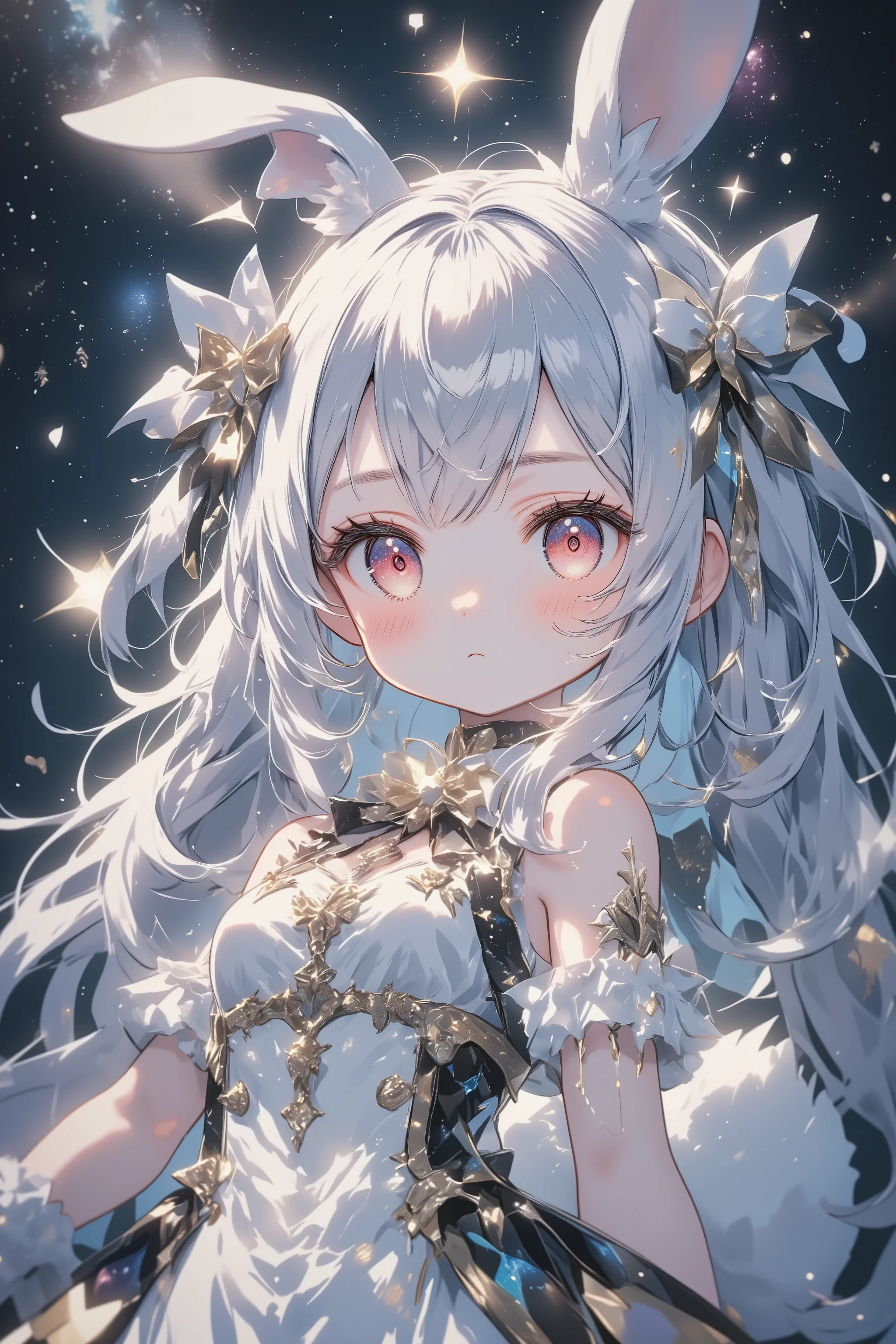 ( masterpiece, top quality:1.2), little cute rabbit girl , girl:0.7\(( Big ribbons on the ears ,  cute ribbon、Gold ribbon ),Rabbit Tail , rabbit ears, Very Fluffy Ears 、White Ear、 very long hair,Gray Hair,Warm deep red eyes  ,  Sparkling Eyes,  I closed my mouth , white gothic dress with gold accents), She drifts in space