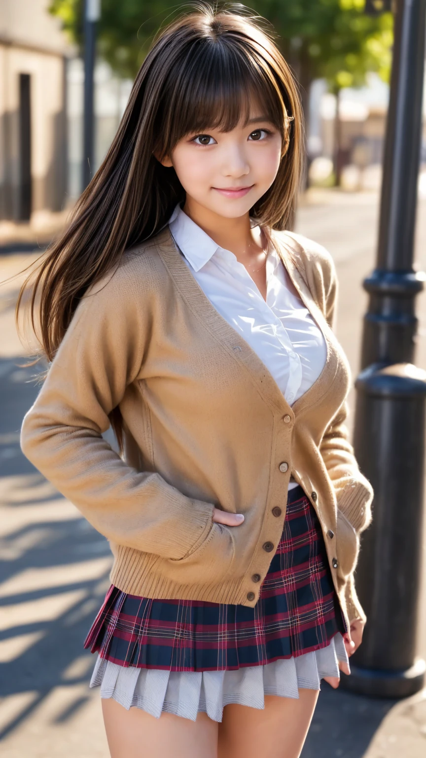 ((masutepiece, Best Quality, hight resolution, nffsw, Perfect Pixel, 4K, nffsw, nffsw))), 1girl in, Single, Solo, Beautie、full body seen、 ((Middle Wave Hair, Bangs, Brown hair)), ((Brown-eyed, Beautiful eyelashes, Realistic eyes)), ((Detailed face, Blushing:1.2)), ((Smooth texture:0.75, Realistic texture:0.65, Photorealistic:1.1, Anime CG style)), medium breasts, Dynamic Angle, Perfect body, ((red bowtie, School uniform, Black jacket, Open jacket, Brown cardigan, White shirt, Black skirt, plaid skirts)), City staircase、Looking up from the bottom of the stairs、Very embarrassing panic smile, turned around、bending forward、(The wind flipped my skirt and exposed my butt.......................、Touching the buttocks with both hands、Pink floral lace panties)、