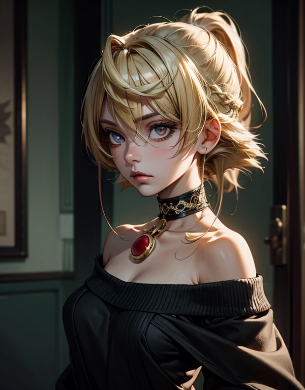 beautiful furry girl, short yellow hair with cat ears, wearing a scarf around her neck, wearing a bra, big boobs beautiful detailed eyes, beautiful detailed lips, extremely detailed face, long eyelashes, portrait, fantasy, realistic, photorealistic, 8k, high quality, masterpiece, vibrant colors, soft lighting
