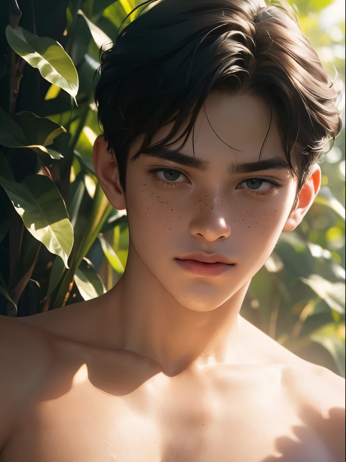 (cute boy:1.1,Posing :1.1,Photorealistic:1.37), (Best Quality,4k,8K,hight resolution,Masterpiece:1.2), Ultra-detailed, Realistic:1.37, Professional, Vivid colors, bokeh, sharp-focus, physical based rendering, Young, Slim, Slender, definition of light muscles, ish, , studio lightning, Lush greenery, playful expression, Innocent eyes, freckles, Soft skin, Gentle sunlight, Morning dew, Subtle shadows, warm color palette