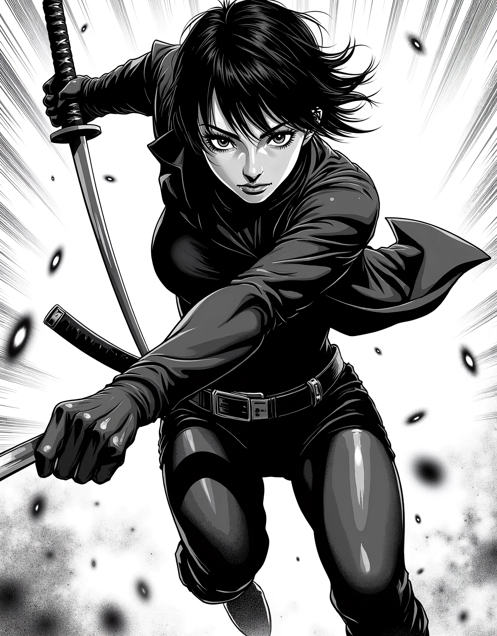 manga стиль,черно-белая manga, шикарная Russian девушка с большими глазами и короткой стижкой пикси, ,slim sweet, thoughtful,big eyes, sexy,manga,realism,black and white image,рисованный стиль manga,cute girl,dressed as a ninja with a katana in his hands(jumps forward with a sword) ,blond hair,, sexy, skinny,girl,Russian  ,wet skin and hair , manga стиль ,((matrix movie style,slow time,dodges bullets flying into slomotion,)(Bullet Time Dodge dodges bullets flying at her,bullets leave reverse marks,matrix movie style, , the girl with the sword jumps towards the camera in her direction, bullets are flying in slow time)