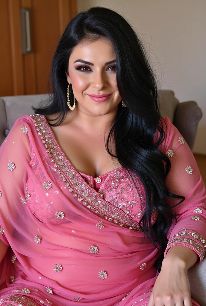 


 ((32K, top-quality:1.5, masterpiece, A high resolution, Photorealsitic)), A beautiful plus size Pakistan's,40 years old , bindi and light lips woman wearing pink bridal lehenga, DARK BLACK EYES, Homely housewife 
Sitting on a chair at home,black thick Hair, Streaked Hair,,low Makeup, Hyperrealism,
, Blush, Makeup,,Messy Hair, Cowboy Shot, Wide Shot, Perspective, Wide-Angle, Ultrarealistic, detailed, photorealistic, photograph. full body view 
