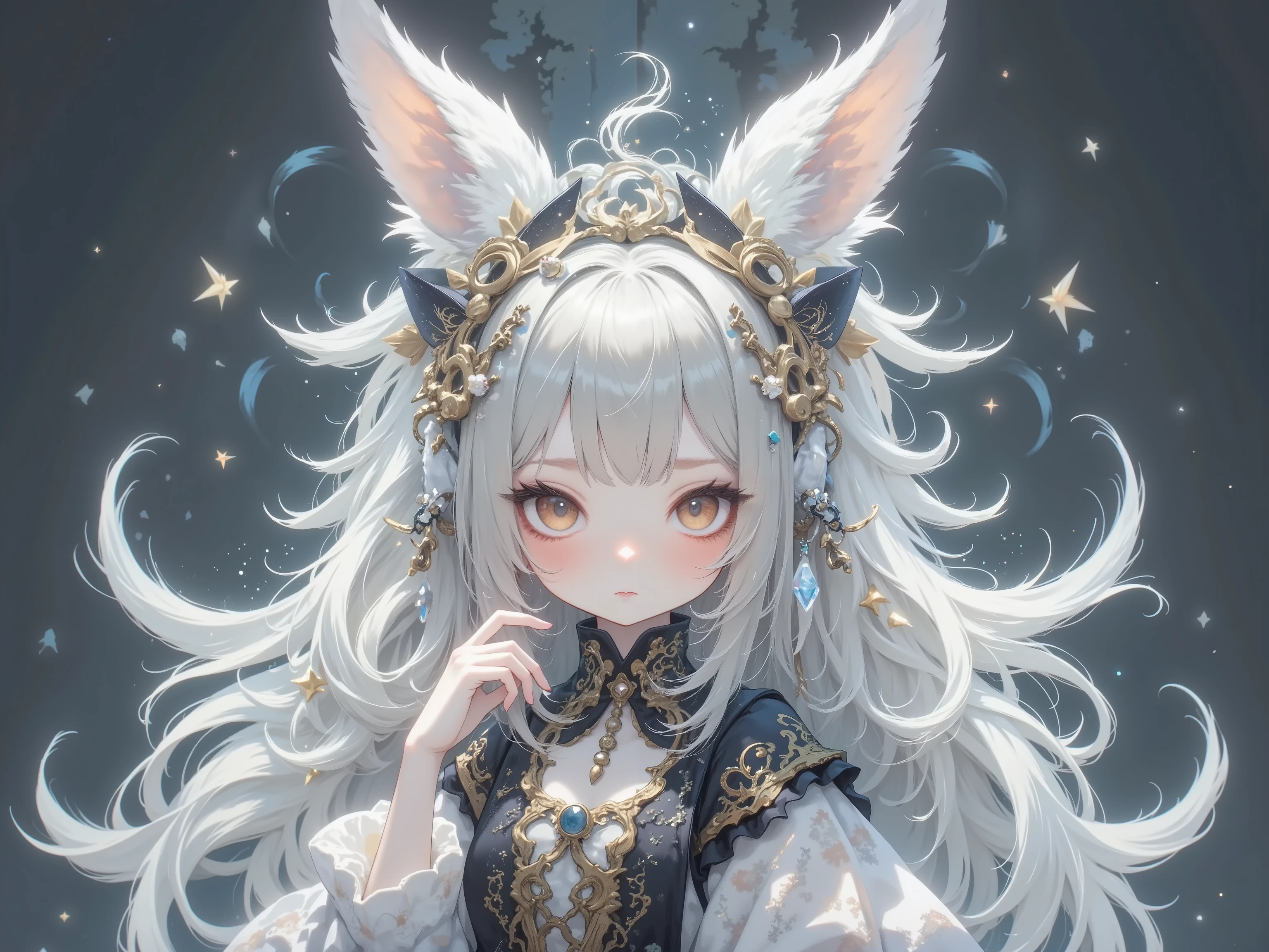 ( masterpiece, top quality:1.2), little cute rabbit :0.7\(( Big ribbons on the ears , cute ribbon、Gold ribbon ),Rabbit Tail , rabbit ears, Very Fluffy Ears 、White Ear、 very long hair,Gray Hair,Warm deep red eyes , Sparkling Eyes, I closed my mouth , white gothic dress with gold accents), ガラスの★の上に座る、vast space