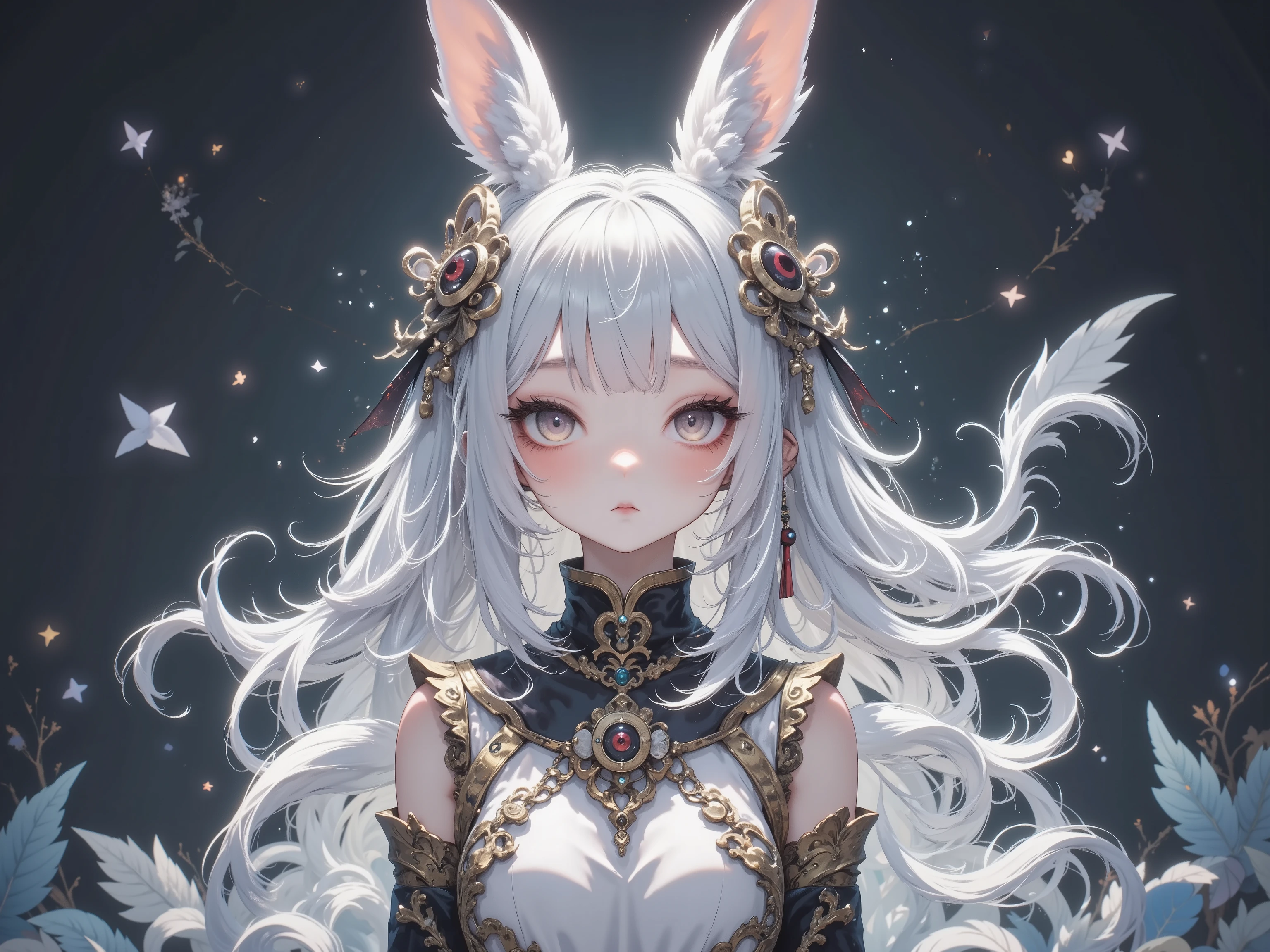 ( masterpiece, top quality:1.2), little cute rabbit :0.7\(( Big ribbons on the ears , cute ribbon、Gold ribbon ),Rabbit Tail , rabbit ears, Very Fluffy Ears 、White Ear、 very long hair,Gray Hair,Warm deep red eyes , Sparkling Eyes, I closed my mouth , white gothic dress with gold accents), ガラスの★の上に座る、vast space
