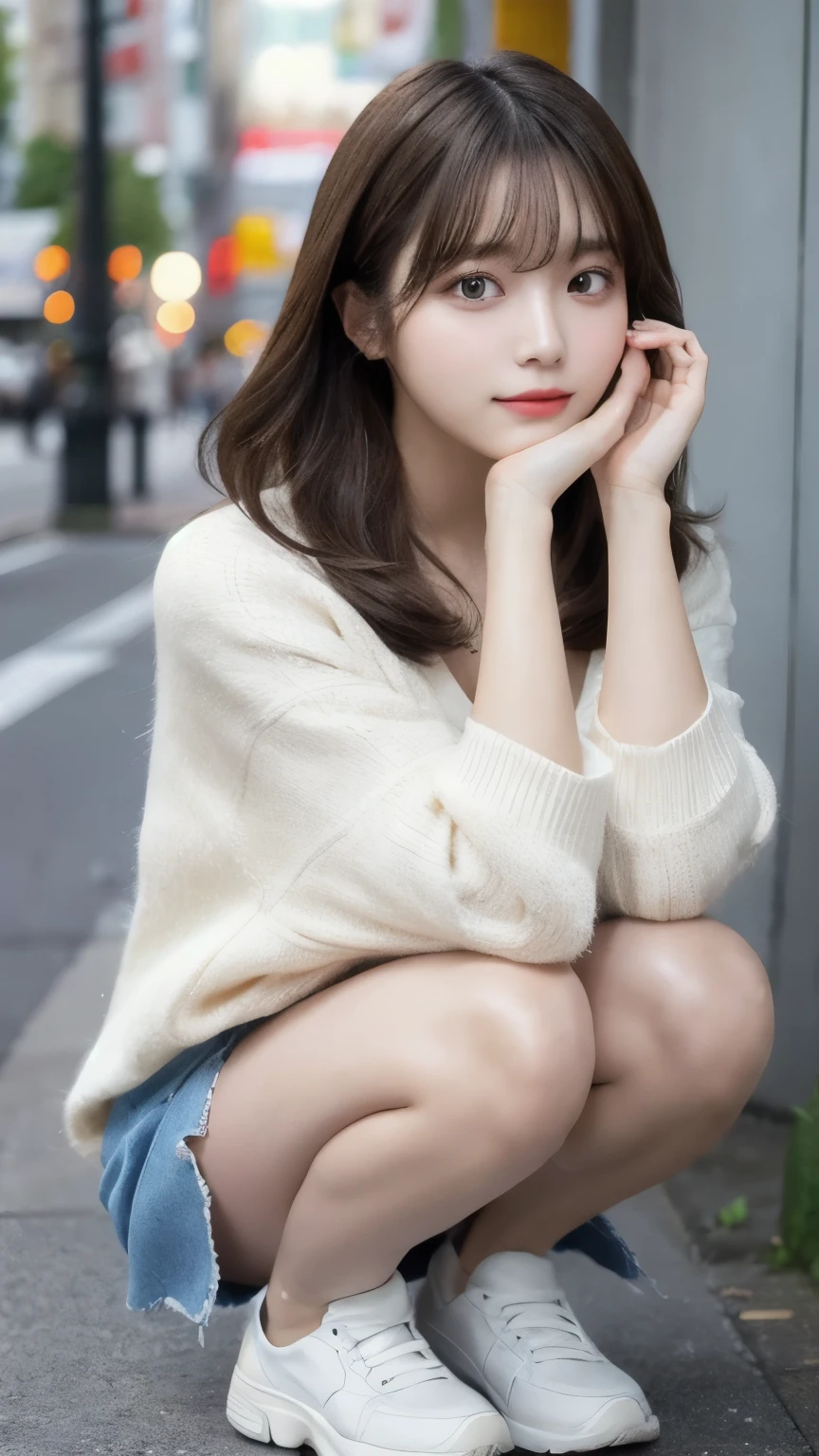 8K raw photos、a beauty girl、18year old、Korean Idol、slim figure、beautiful eyes finely detailed、a park、squatting and opening legs、Perfect eye makeup、((A smile:1.6))、Beautiful and thin legs、(chestnut-colored hair)、Medium Hair、fluffy hair、Large Hoodie、a miniskirt、a picture、独奏、(​masterpiece)、Photorealsitic:1.9、dynamic ungle、(Photorealsitic:1.3)、ultra-detailliert、(high detal)、(top-quality:1.0)、(超A high resolution:1.0)、Wavy detailed hair、length hair、rays of sunshine、(Beautiful detailed makeup)、((Highly sexual))、I see underwear