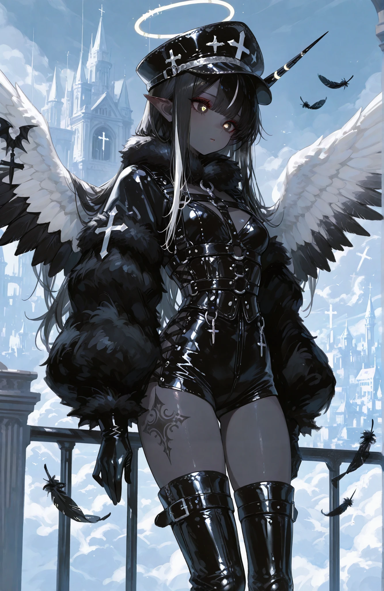 The girl is a fallen black-and-white angel. Her long hair is obsidian black straight with white highlights. her eyes are dark black with white crosses-like pupils. She has dark-grey skin and pointed ears. on her skin she has a tattoo of the silver cross. In the center of her forehead she has a one black unicorn-horn decorated with silver chains. She is wearing a black jumpsuit with short shorts, with fur collar and fur sleeves. She wears high hip-length patent leather boots with straps. She wears on her head a black patent leather cap. She wears leather gloves. She's wearing silver garters, shoulder-harness and patent leather corset with inverted crosses. She has six wings on her back, three black wings and three white wings. She flies in a white heavenly city among the clouds, leaving a trail of black feathers behind her.