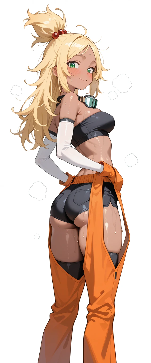 1girl, tan skin, tan, yellow eyes  blonde hair, smile, mature female, tall female, full body, tall, toned, toned female, milf, light smile, ponytail, wolf eats, wolf tail, huge breasts, breasts, thick thighs, wide hips, argentina, squatting, spread legs, thighhighs, shoes, sportswear, sports bra, blue stripes, arms behind back, black thighhighs, white sports bra, panties, highleg, highleg panties, text, number, numbered, simbol, numbers, english text
