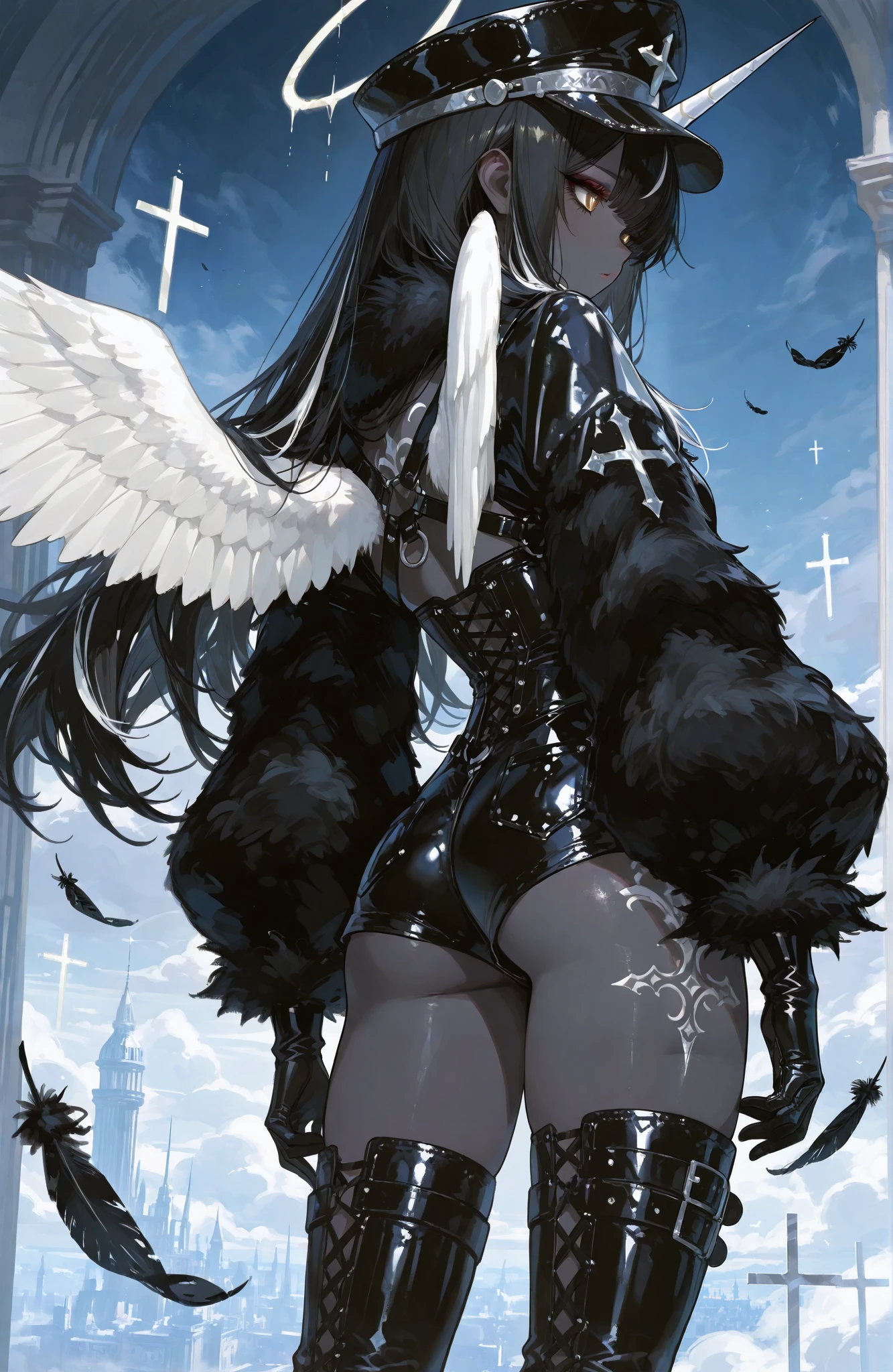 The girl is a fallen black-and-white angel. Her long hair is obsidian black straight with white highlights. her eyes are dark black with white crosses-like pupils. She has dark-grey skin and pointed ears. on her skin she has a tattoo of the silver cross. In the center of her forehead she has a one black unicorn-horn decorated with silver chains. She is wearing a black jumpsuit with short shorts, with fur collar and fur sleeves. She wears high hip-length patent leather boots with straps. She wears on her head a black patent leather cap. She wears leather gloves. She's wearing silver garters, shoulder-harness and patent leather corset with inverted crosses. She has six wings on her back, three black wings and three white wings. She flies in a white heavenly city among the clouds, leaving a trail of black feathers behind her.