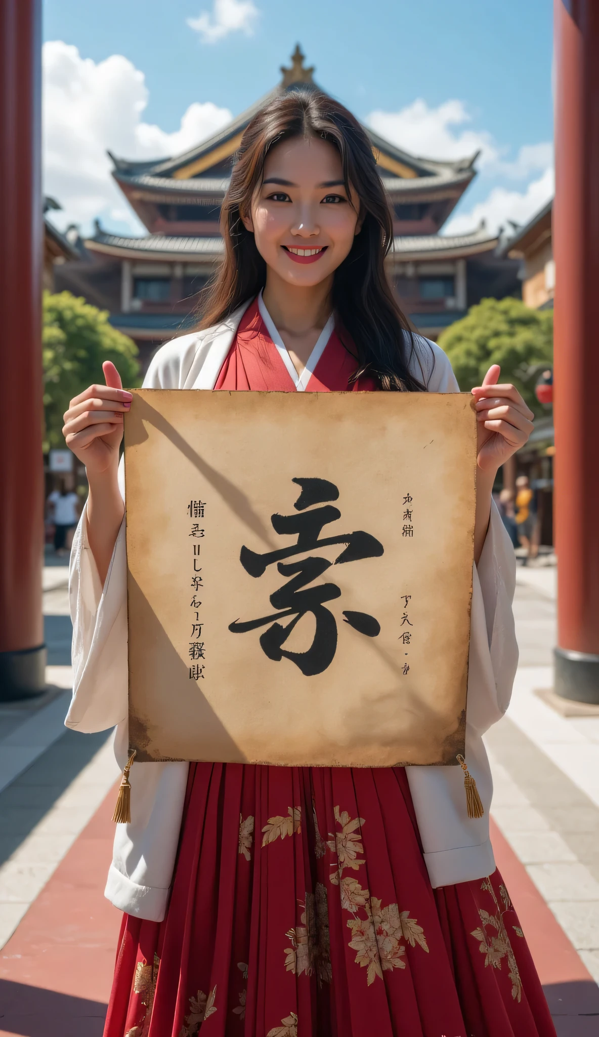 **Prompt:** during ancient tokugawa time, Create a hyper-realistic wide scenery image of a prehistoric japanese female standing confidently at the forefront, her full body view showcasing her elegantly busty silhouette. She holds up a large piece of kanji wide size manuscript paper adorned with striking kanji font alphabetic japanese letters, symmetrically balanced within the composition. The female's japanese kimono obi gown drapes gracefully, reflecting the cultural richness of ancient folk japan, complemented by her vibrant smile that radiates warmth and approachability. In the background, the majestic japanese palace looms, its architectural details accentuated by central leading lines that create a captivating sense of depth in an ultra-wide-angle perspective. The scene is enhanced with UHD ambience, featuring a blend of realistic textures and mixed lighting that adds life to the moment. Pay special attention to the female's hands, showcasing meticulously detailed anatomy while her shiny, lifelike hair cascades around her face. Capture the essence of artistry reminiscent of SilkPunkAi styles, ensuring the overall image is creatively rich yet respectfully aligns with the historical context.