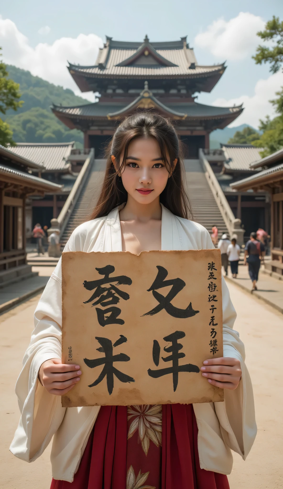 **Prompt:** during ancient time, Create a hyper-realistic wide scenery image of a prehistoric japanese female standing confidently at the forefront, her full body view showcasing her elegantly curvy silhouette. She holds up a large piece of kanji wide size manuscript paper adorned with striking kanji font alphabetic japanese letters, symmetrically balanced within the composition. The female's kimono obi gown drapes gracefully, reflecting the cultural richness of ancient folk japan, complemented by her vibrant smile that radiates warmth and approachability. In the background, the majestic japanese palace looms, its architectural details accentuated by central leading lines that create a captivating sense of depth in an ultra-wide-angle perspective. The scene is enhanced with UHD ambience, featuring a blend of realistic textures and mixed lighting that adds life to the moment. Pay special attention to the female's hands, showcasing meticulously detailed anatomy while her shiny, lifelike hair cascades around her face. Capture the essence of artistry reminiscent of SilkPunkAi styles, ensuring the overall image is creatively rich yet respectfully aligns with the historical context.