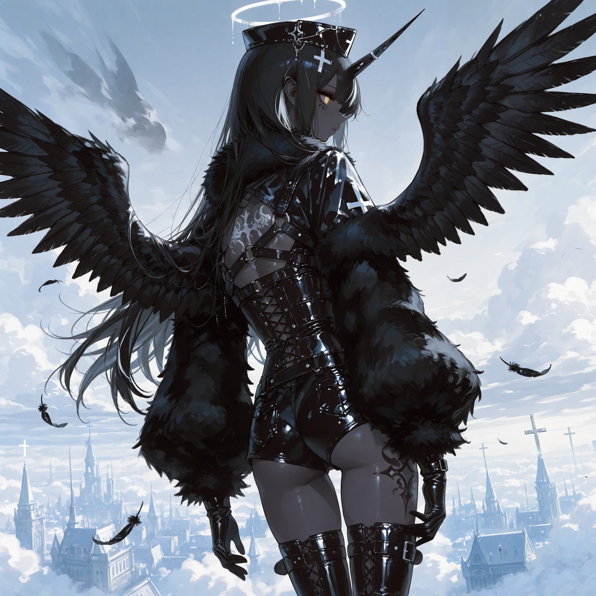 The girl is a fallen black-and-white angel. Her long hair is obsidian black straight with white highlights. her eyes are dark black with white crosses-like pupils. She has dark-grey skin and pointed ears. on her skin she has a tattoo of the silver cross. In the center of her forehead she has a one black unicorn-horn decorated with silver chains. She is wearing a black jumpsuit with short shorts, with fur collar and fur sleeves. She wears high hip-length patent leather boots with straps. She wears on her head a black patent leather cap. A halo with three all-seeing eyes is burning above her head . She wears leather gloves. She's wearing silver garters, shoulder-harness and patent leather corset with inverted crosses. She has six wings on her back, three black wings and three white wings. She flies in a white heavenly city among the clouds, leaving a trail of black feathers behind her.