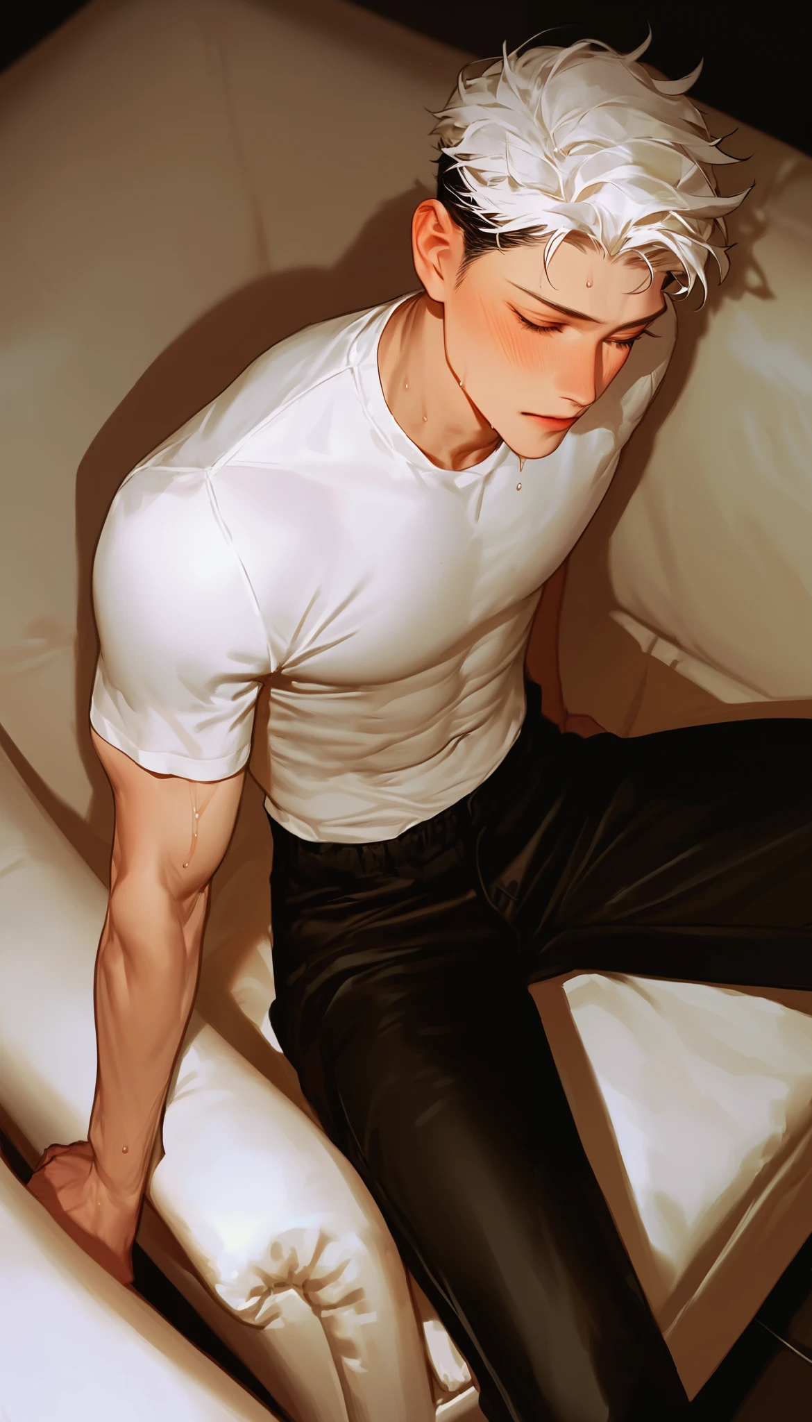 a male , from the room ,On the bed,fitness, sit-up position on a chair sofa,躺在On the bed,look up, Korean comic style , young and energetic, Good condition ,Very handsome oval face, white t-shirt,black pants, abdominal muscles, White Skin, Wet white Hairstyle ,blush, Charming Eyes , Very handsome, ((fully clothed))