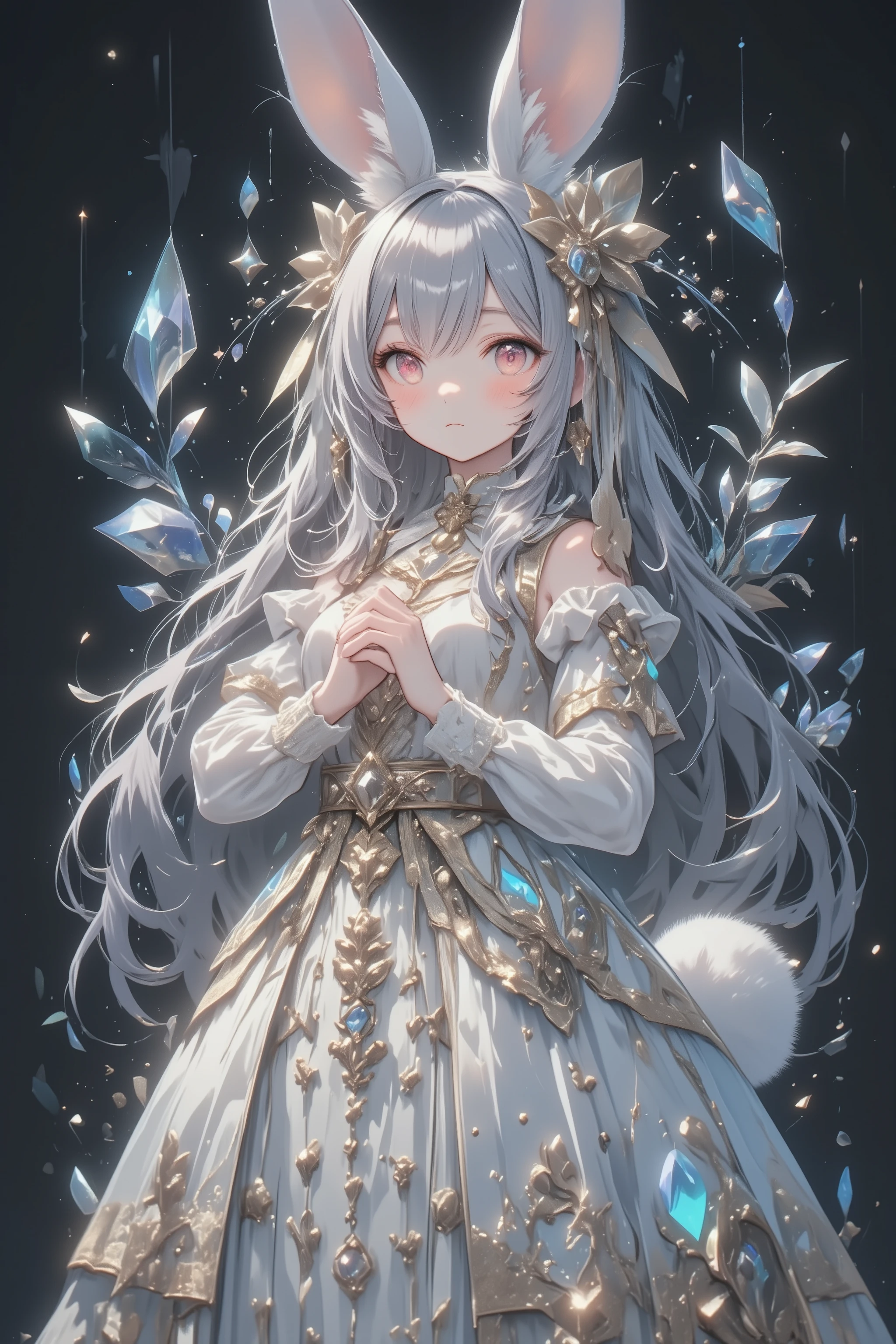 ( masterpiece, top quality:1.2), little cute rabbit girl , girl\(( Big ribbons on the ears , cute ribbon、Gold ribbon ),Rabbit Tail , rabbit ears, Very Fluffy Ears 、White Ear、 very long hair,Gray Hair,Warm deep red eyes , Sparkling Eyes, I closed my mouth , white gothic dress with gold accents), She's in glass country。Hologram World、gem💎