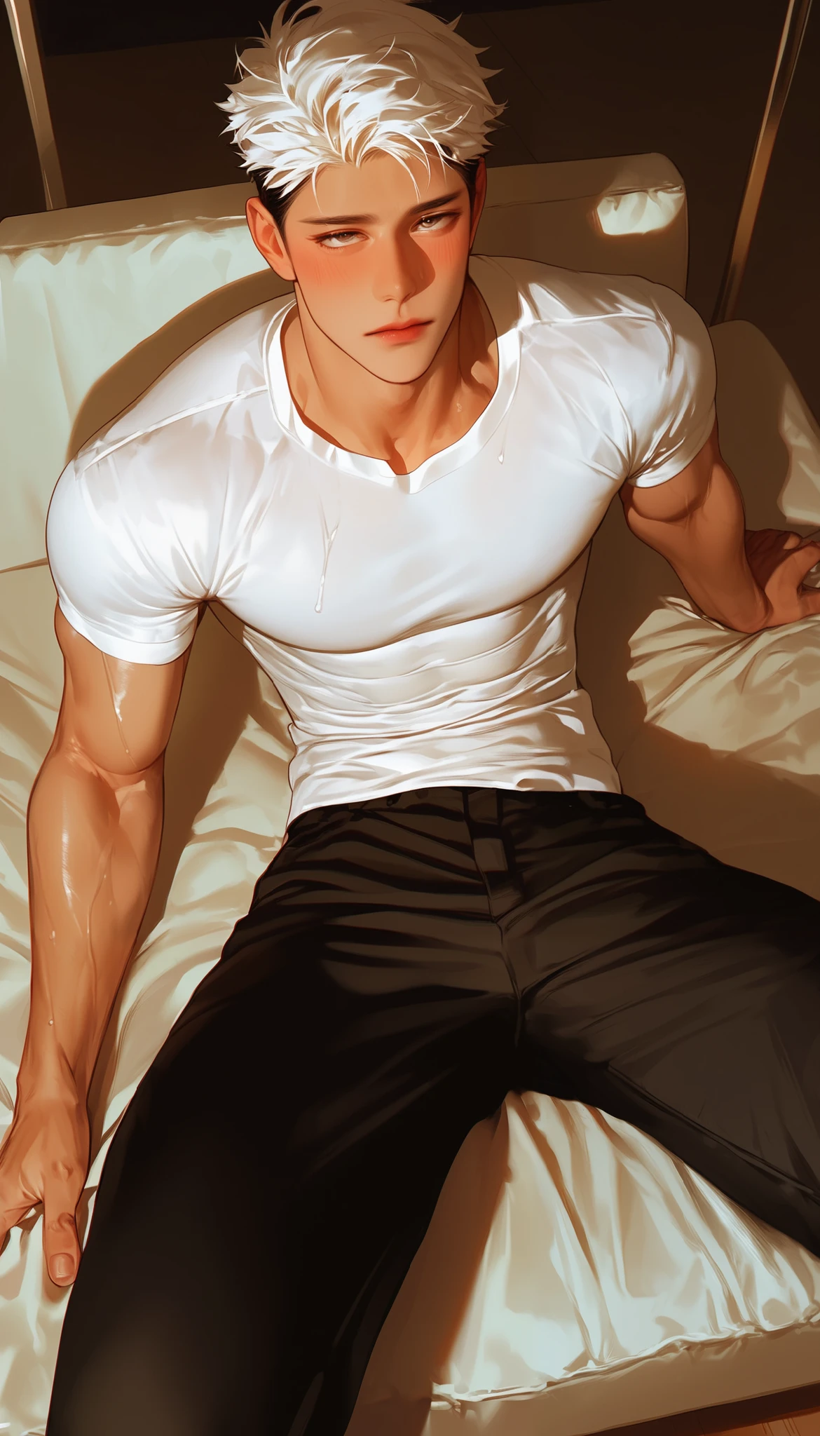  a male  ， from the room ，On the bed，fitness， sit-up position on a chair sofa，躺在On the bed，look up， Korean comic style ， young and energetic， Good condition ，Very handsome oval face， white t-shirt，black pants, abdominal muscles， White Skin， Wet white Hairstyle ，blush， Charming Eyes ， Very handsome, ((fully clothed))