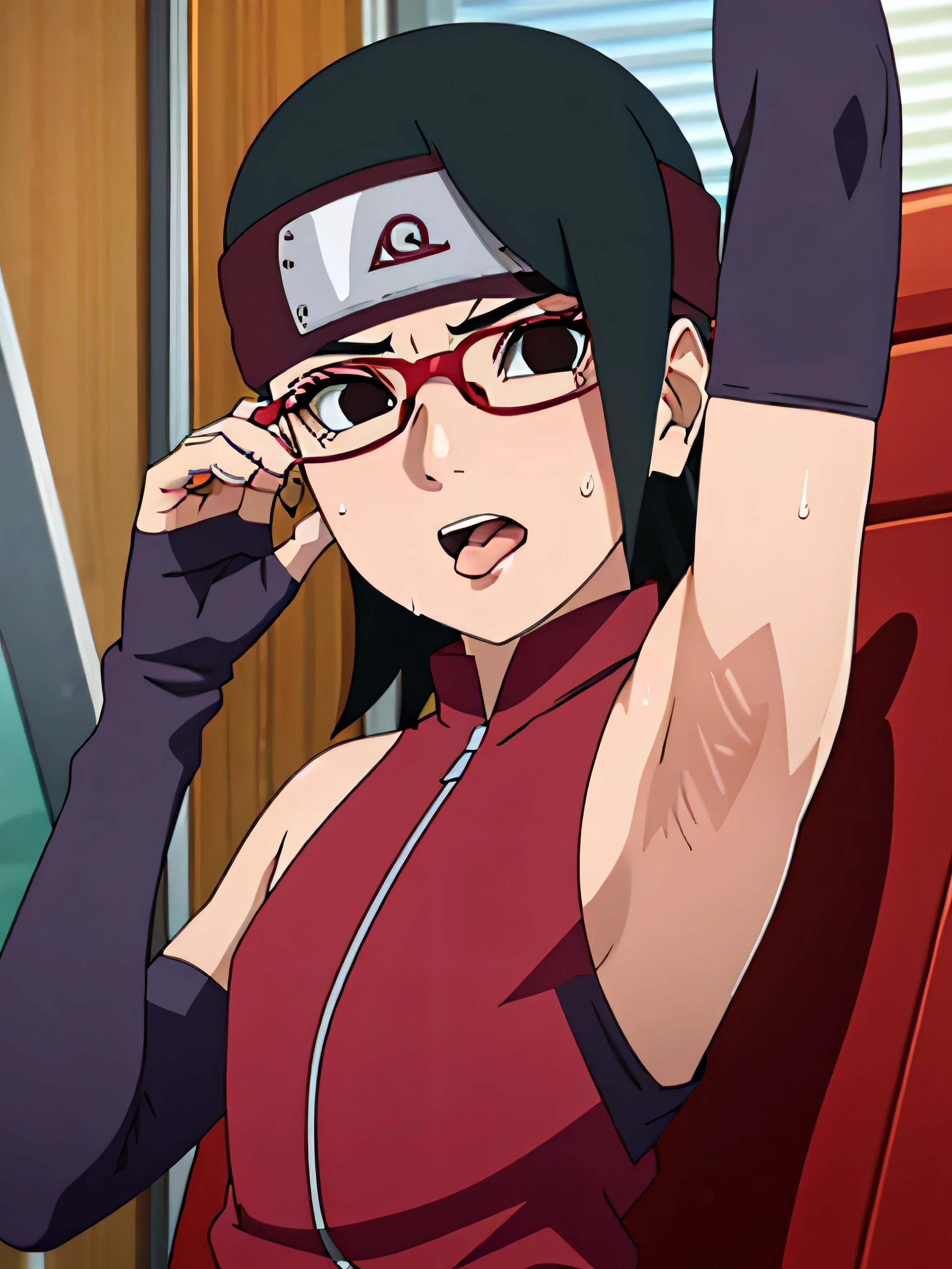 Sarada Uchiha,human woman with fair skin. She is a r with black eyes and red clothing. Her hair is black in color; She is beautiful.Wearing red rimmed glasses.Tsundere face. Pink eye shading,mature appearance,armpits,sweat,sweaty,sweaty armpits,arms up,showing armpits,awesome armpits,outfit,blackish red arm warmers,maroon arm bands,maroon arm warmers,showing tongue,tongue out,wearing Konoha headband.