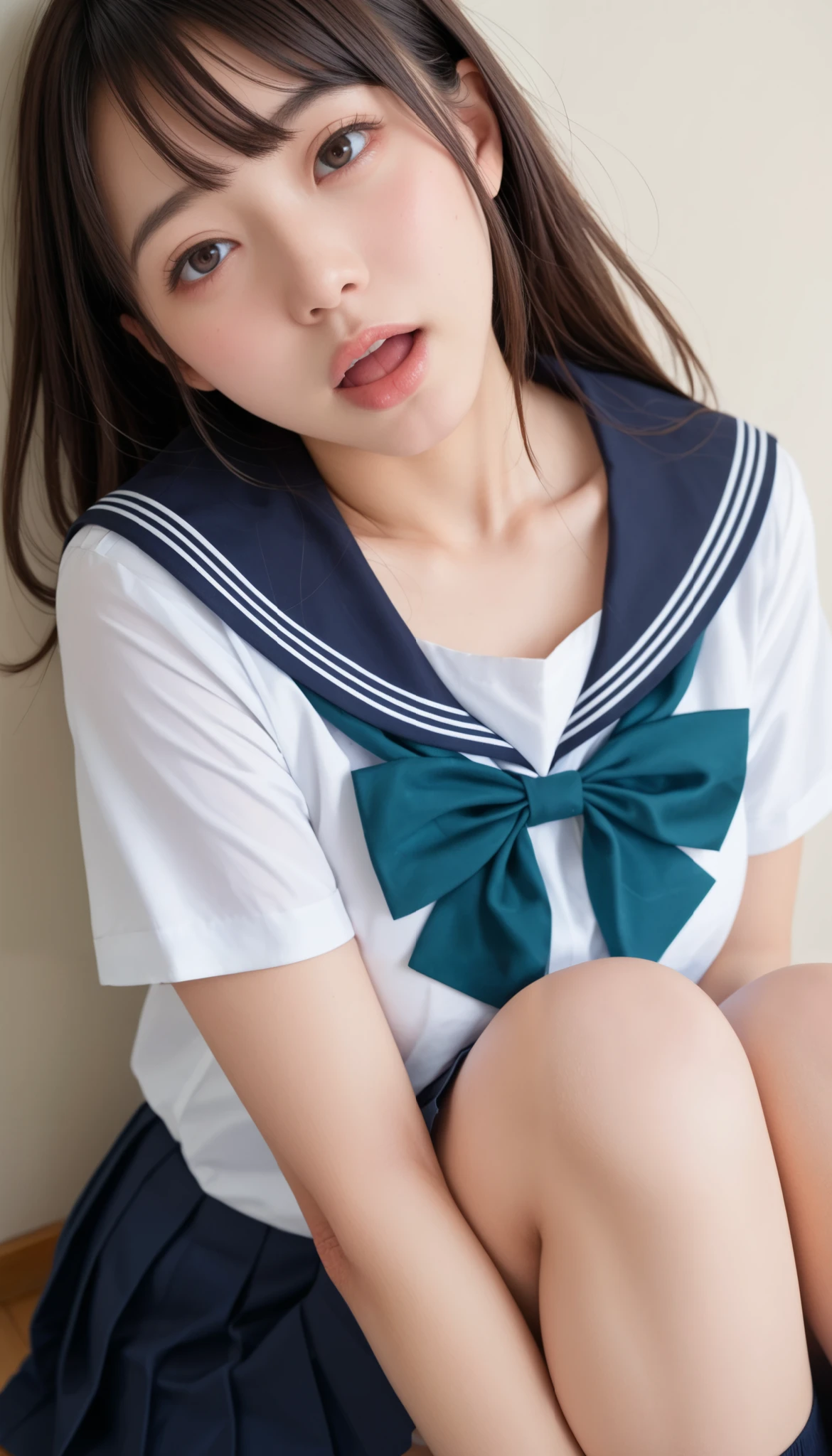 small tits、((Japanese woman)) , (( white Y shirt))、(curvy body)、 sensual expression、((slightly above angle))、Open your mouth lightly 、I'm staring at 、on the bed、looking up 、(pleated skirt on indoor floor) 、(close-up on the face)、((Chest gap ))、(view from above、 crevice)、((high school uniform))