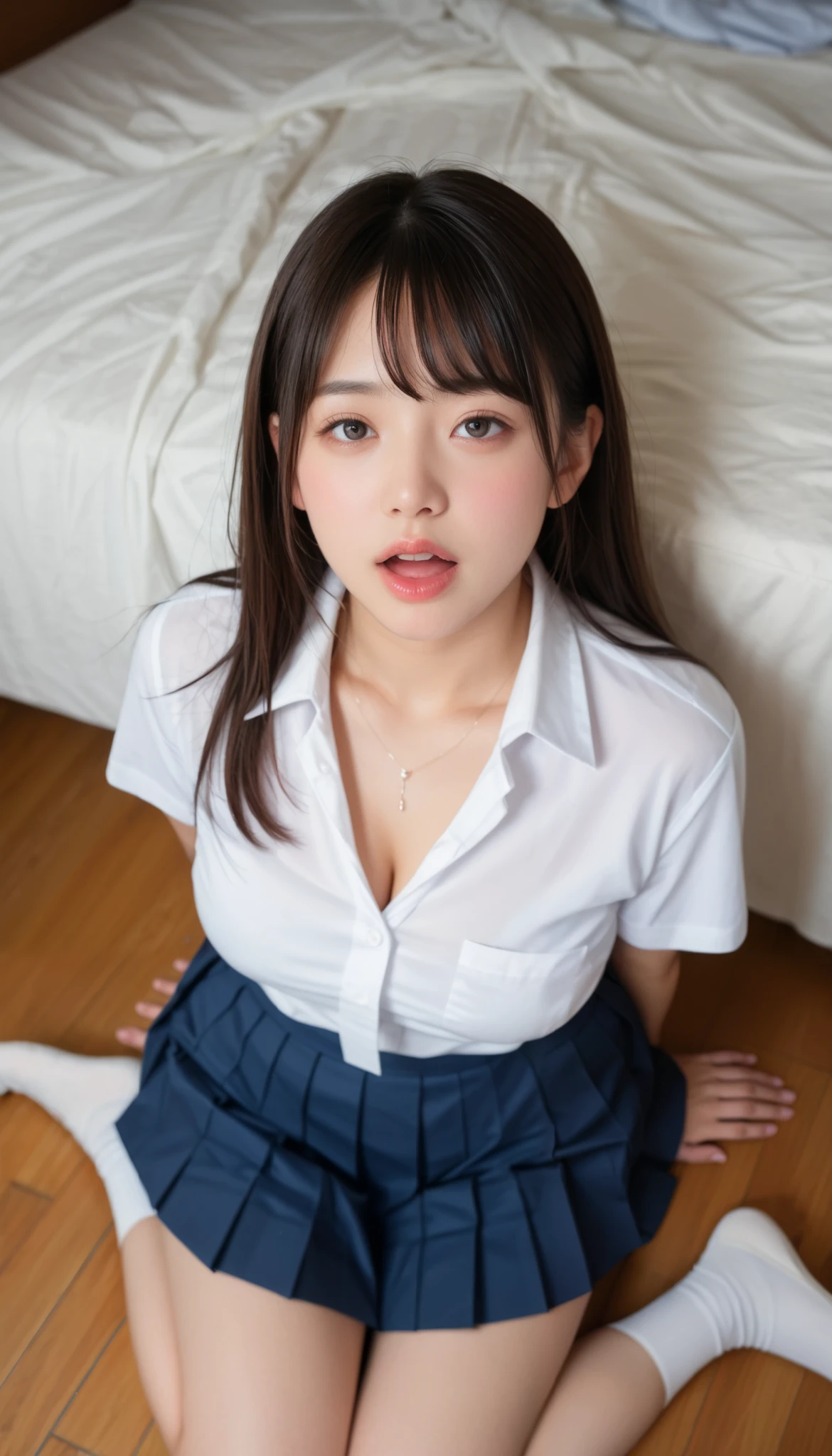  small tits、((Japanese woman)) , (( white Y shirt))、(curvy body)、  sensual expression、((slightly above angle))、Open your mouth lightly 、I'm staring at 、on the bed、looking up 、(pleated skirt on indoor floor) 、(close-up on the face)、((Chest gap ))、(view from above、 crevice)、((high school uniform))