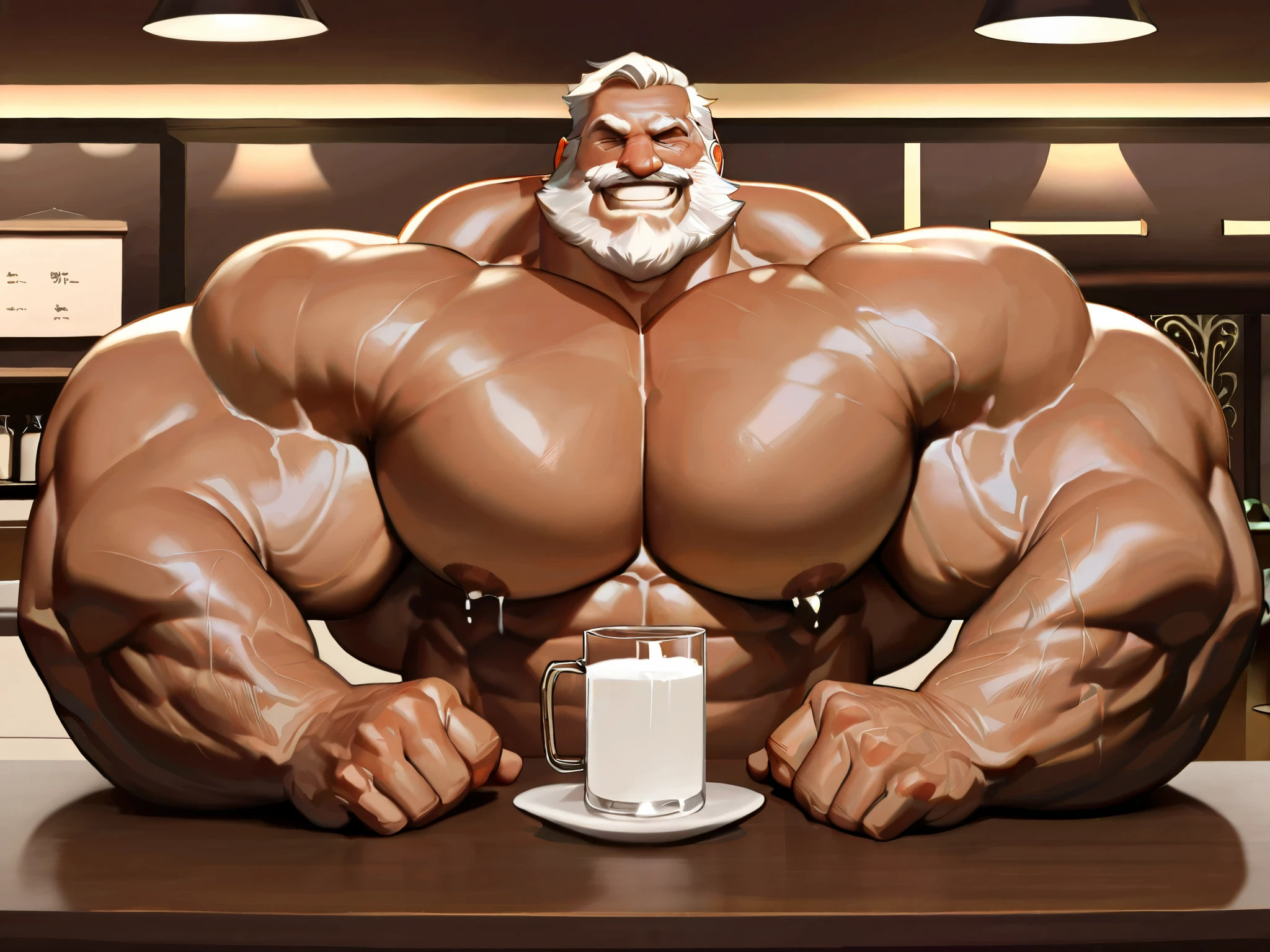 Photo, very tall gigantic massive handsome bodybuilder man, very hairy body, blond hair, with extremely big huge beefy massive round pecs, grabbing his pecs and milk coming out of nipples